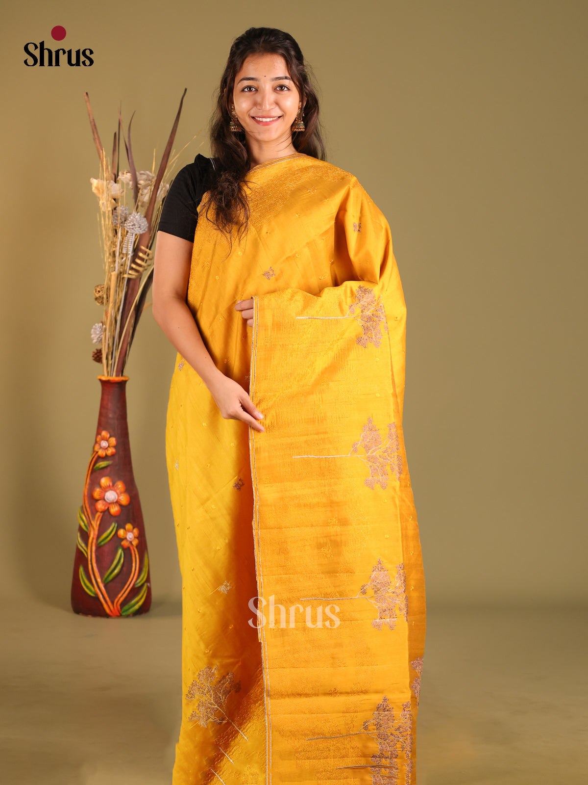 Mustard  - Semi Rawsilk Saree - Shop on Shrus.com