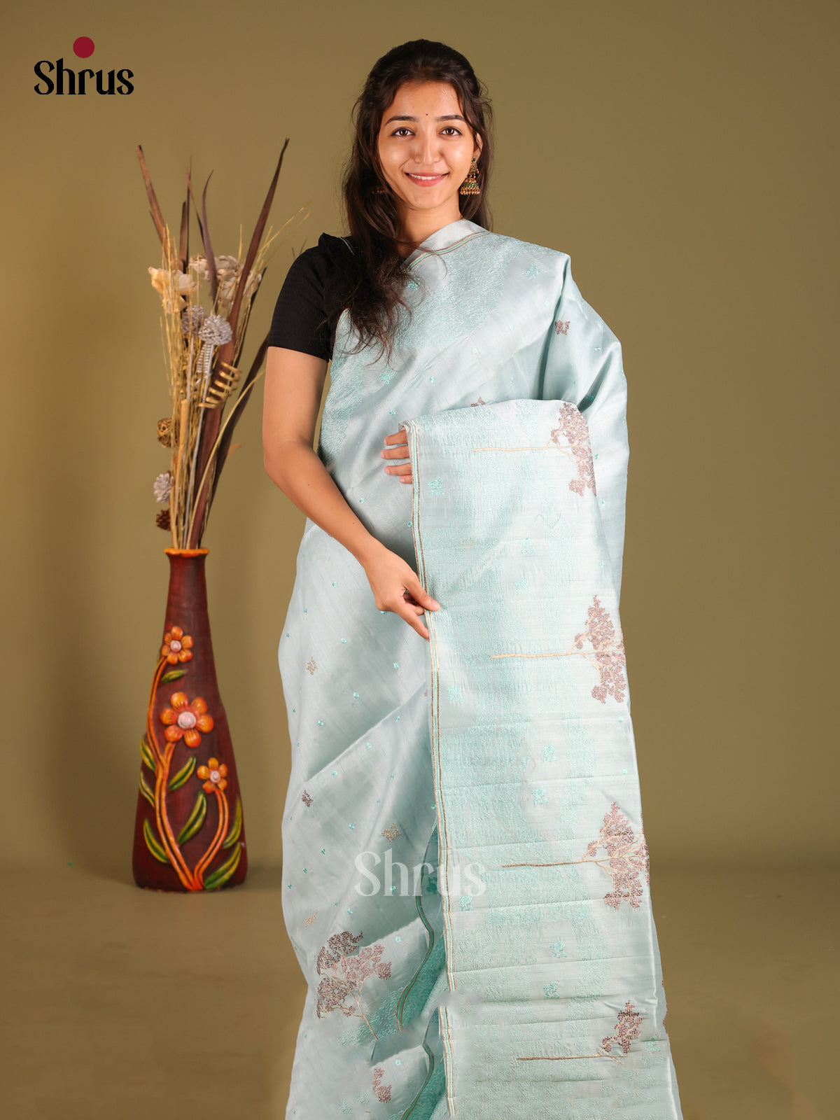 Light Blue - Semi Rawsilk Saree - Shop on Shrus.com