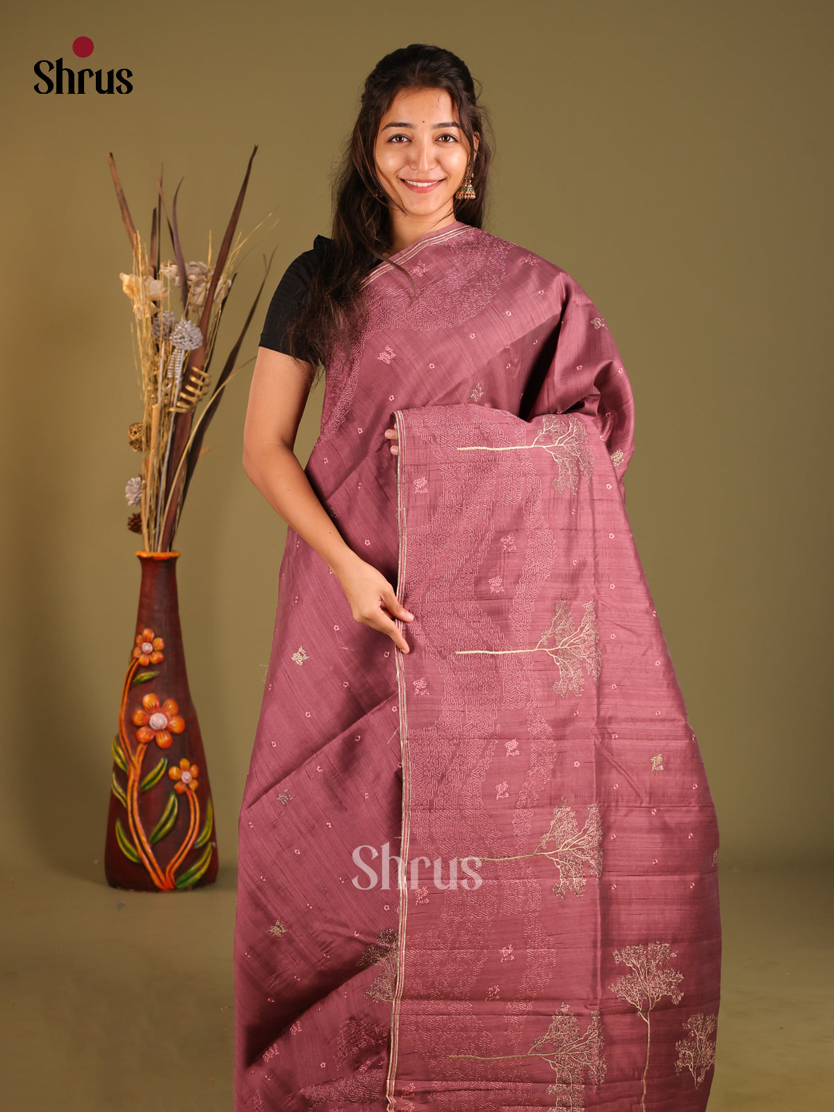 Maroon - Semi Rawsilk Saree - Shop on Shrus.com