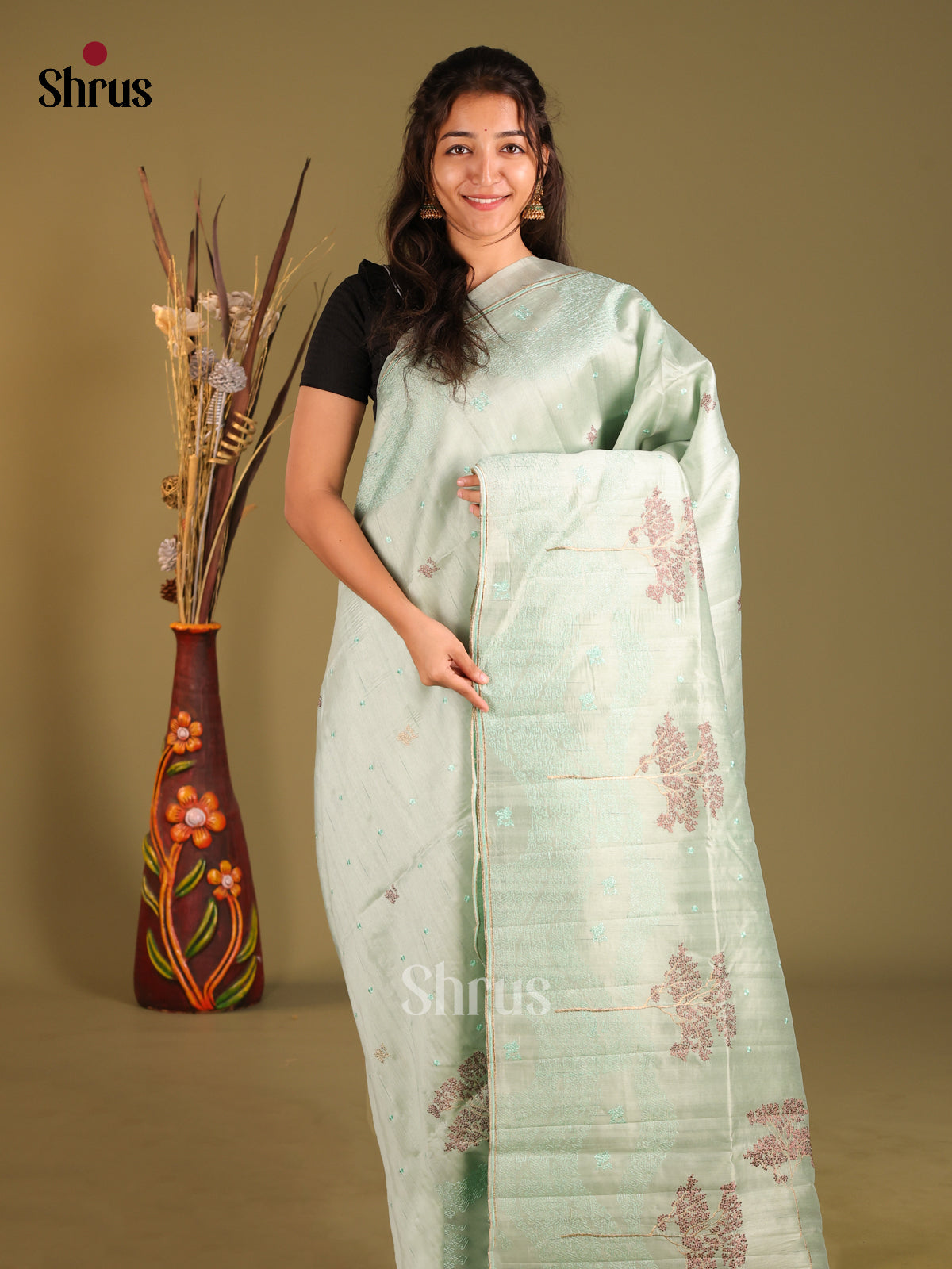 Mint Green - Semi Rawsilk Saree - Shop on Shrus.com