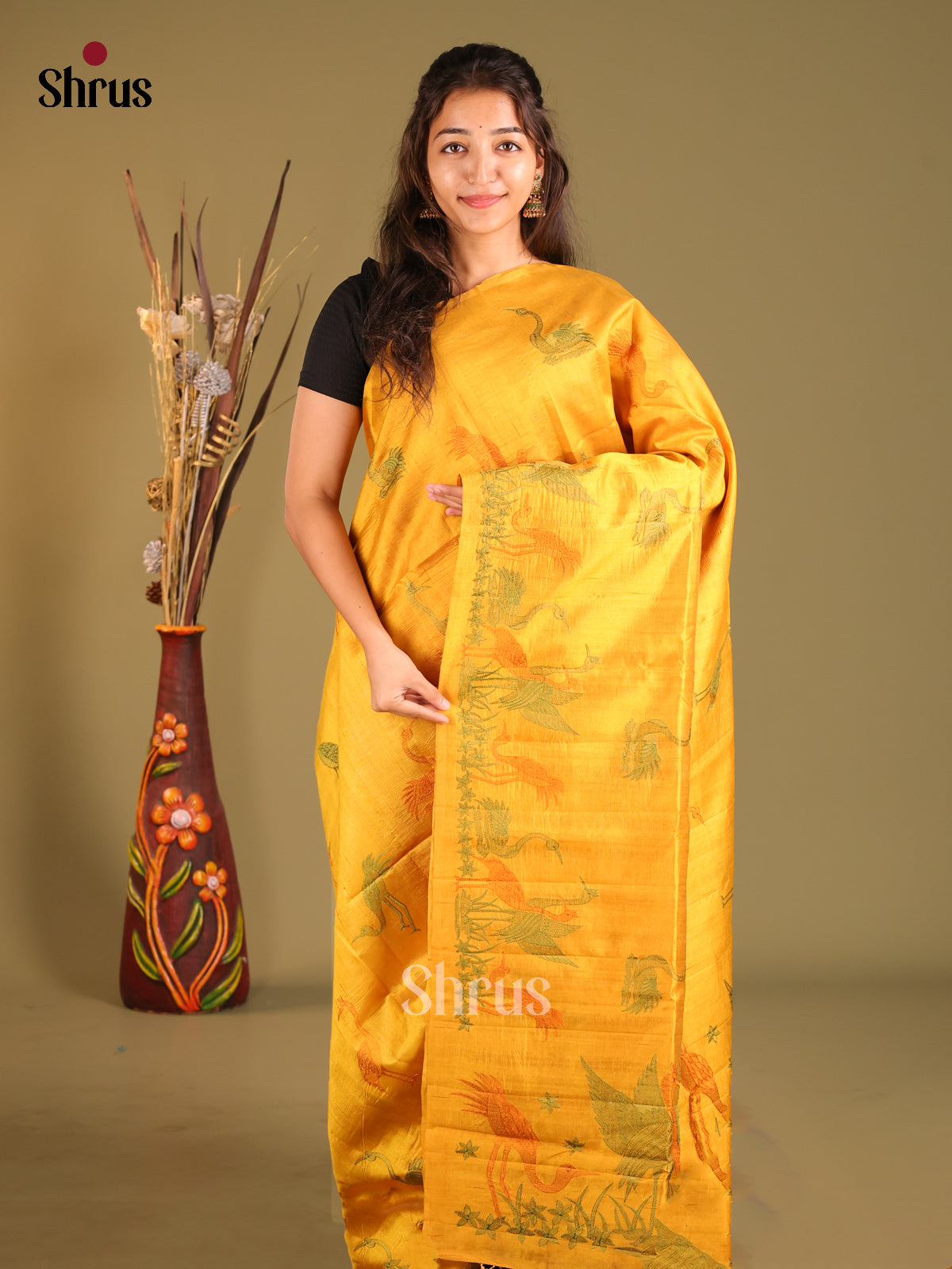Yellow - Semi Rawsilk Saree - Shop on Shrus.com