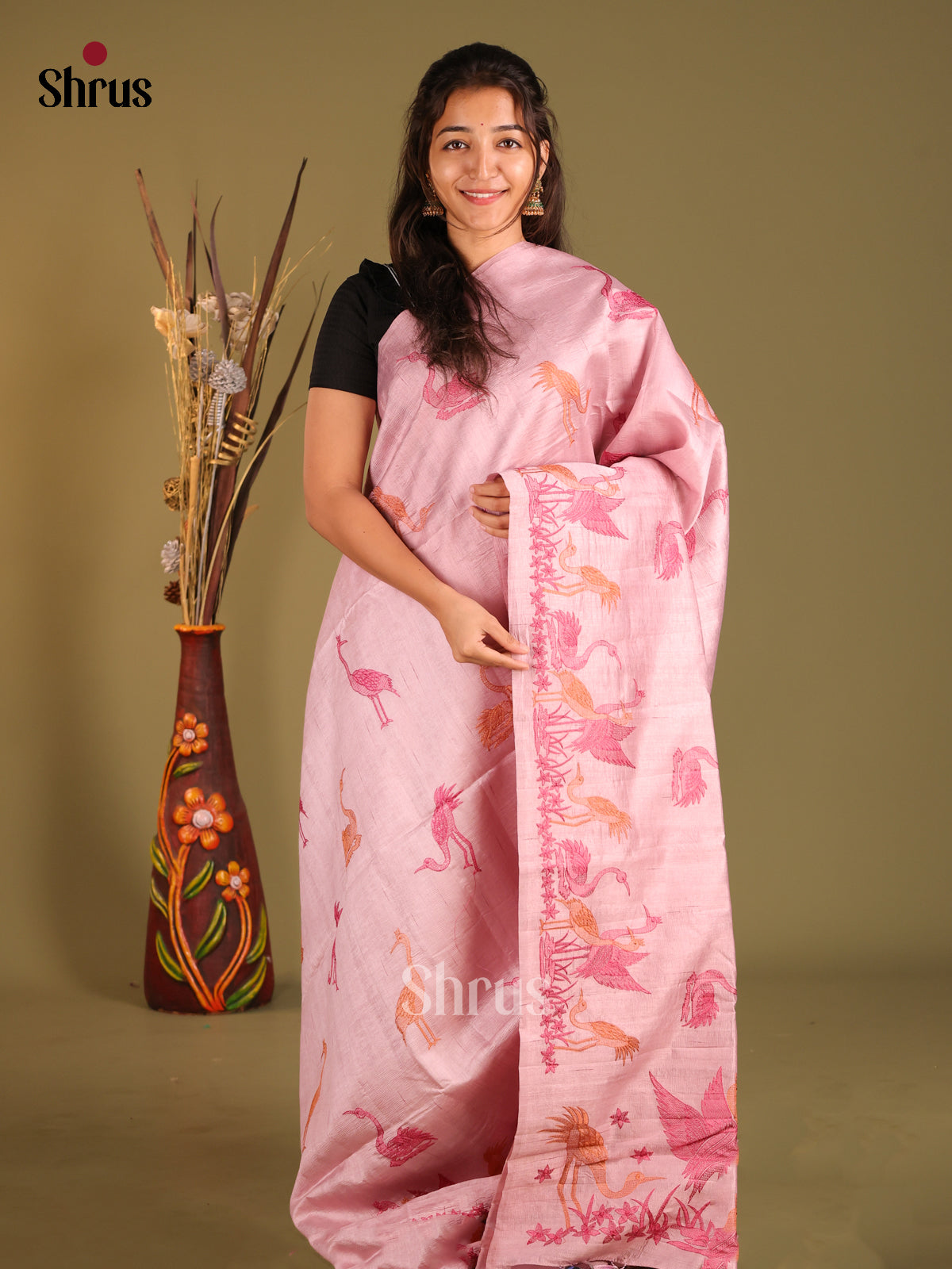 Dusty Pink - Semi Rawsilk Saree - Shop on Shrus.com