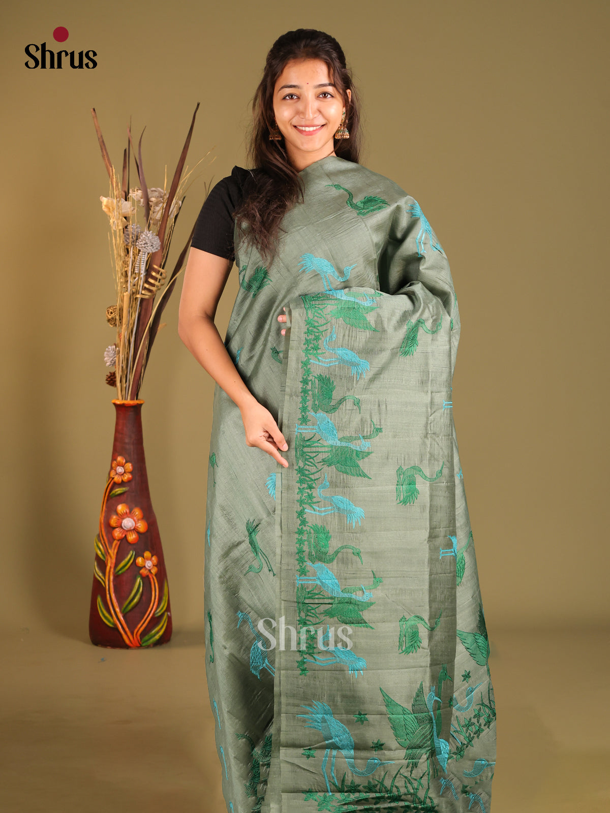 Grey Green- Semi Rawsilk Saree - Shop on Shrus.com