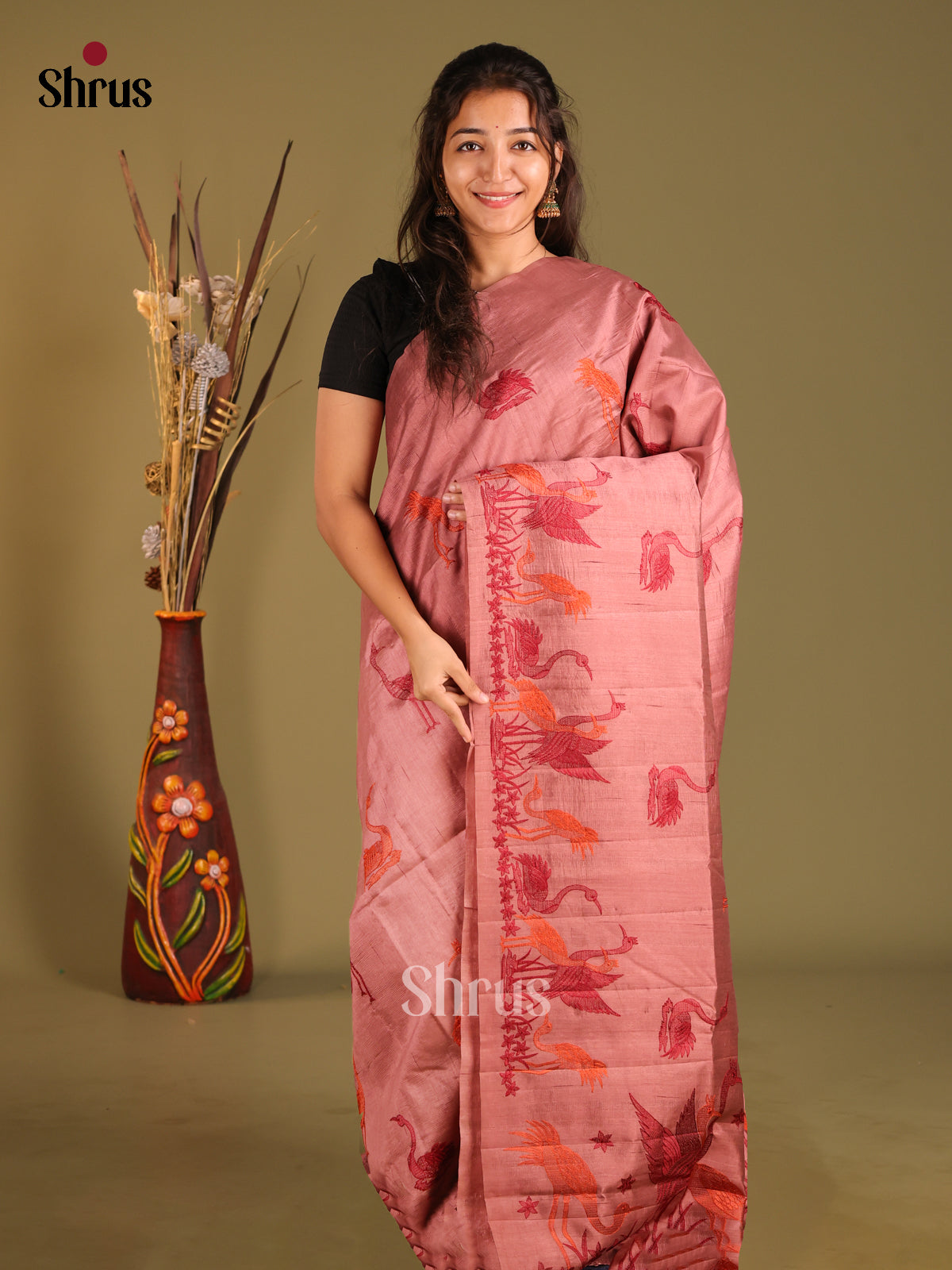 Dusty Pink - Semi Rawsilk Saree - Shop on Shrus.com