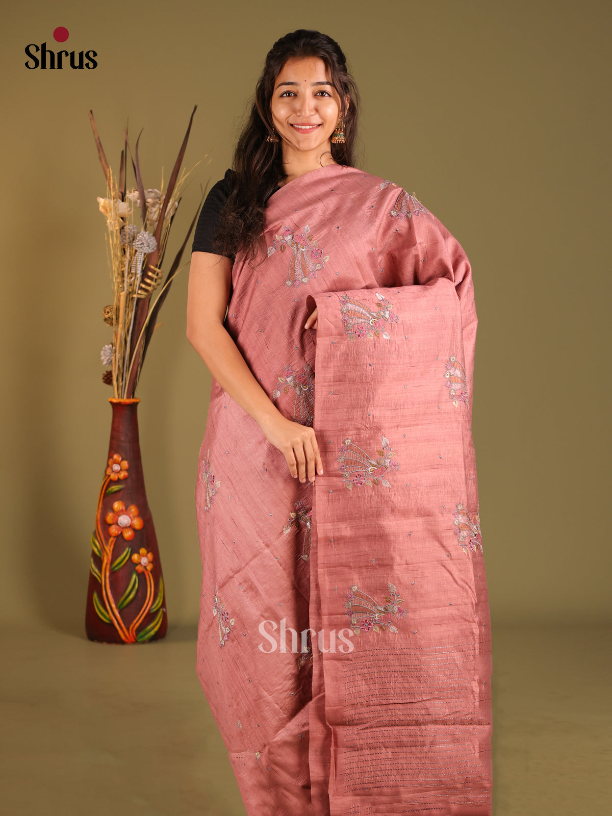 Dusty Brown - Semi Rawsilk Saree - Shop on Shrus.com