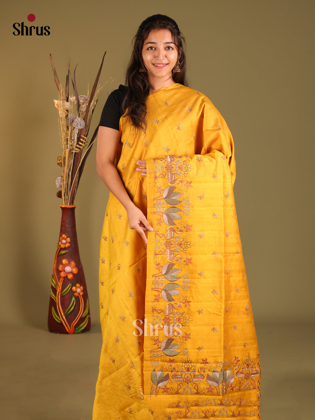 Mustard - Semi Rawsilk Saree - Shop on Shrus.com