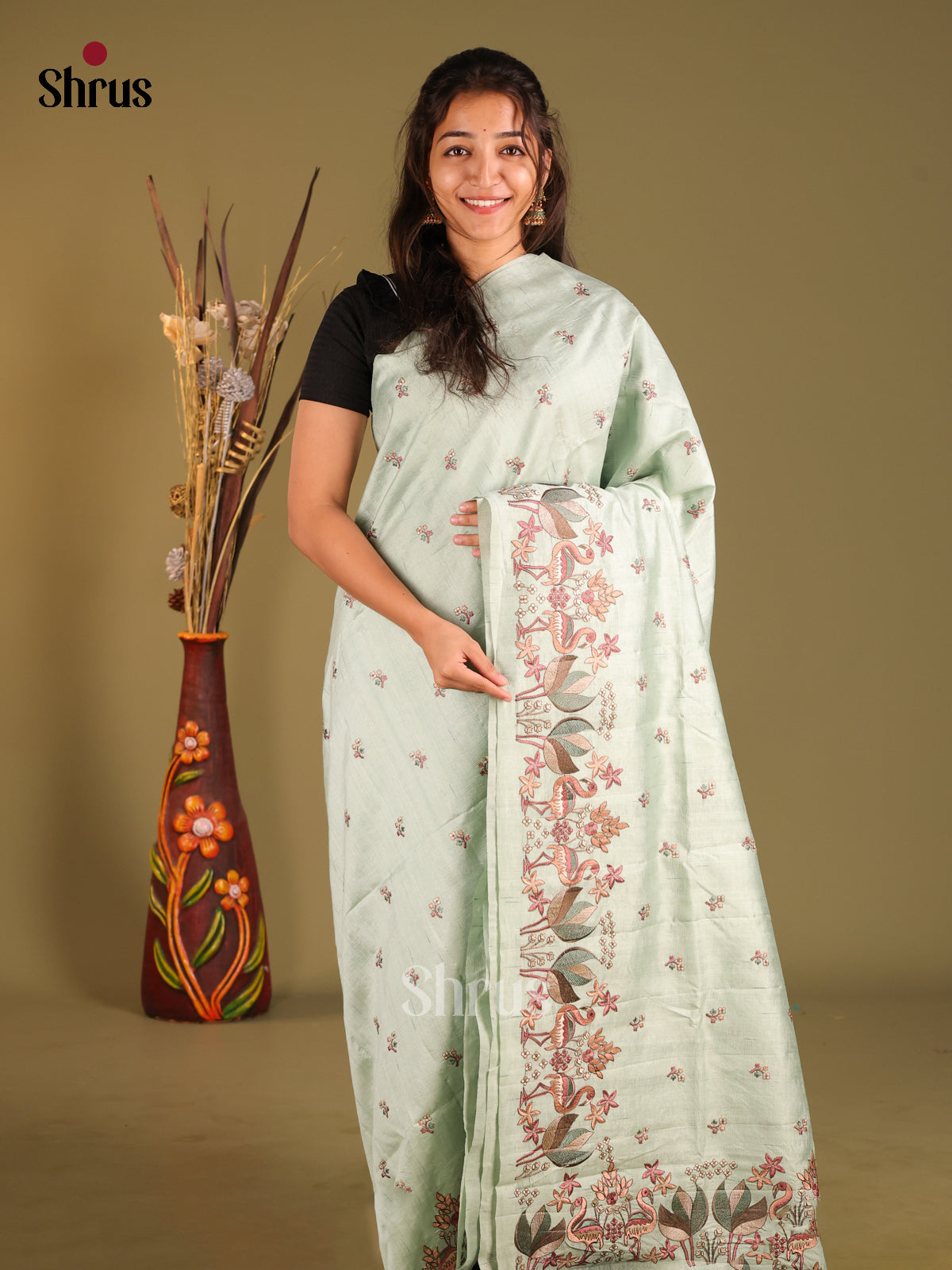 Mint Green - Semi Rawsilk Saree - Shop on Shrus.com