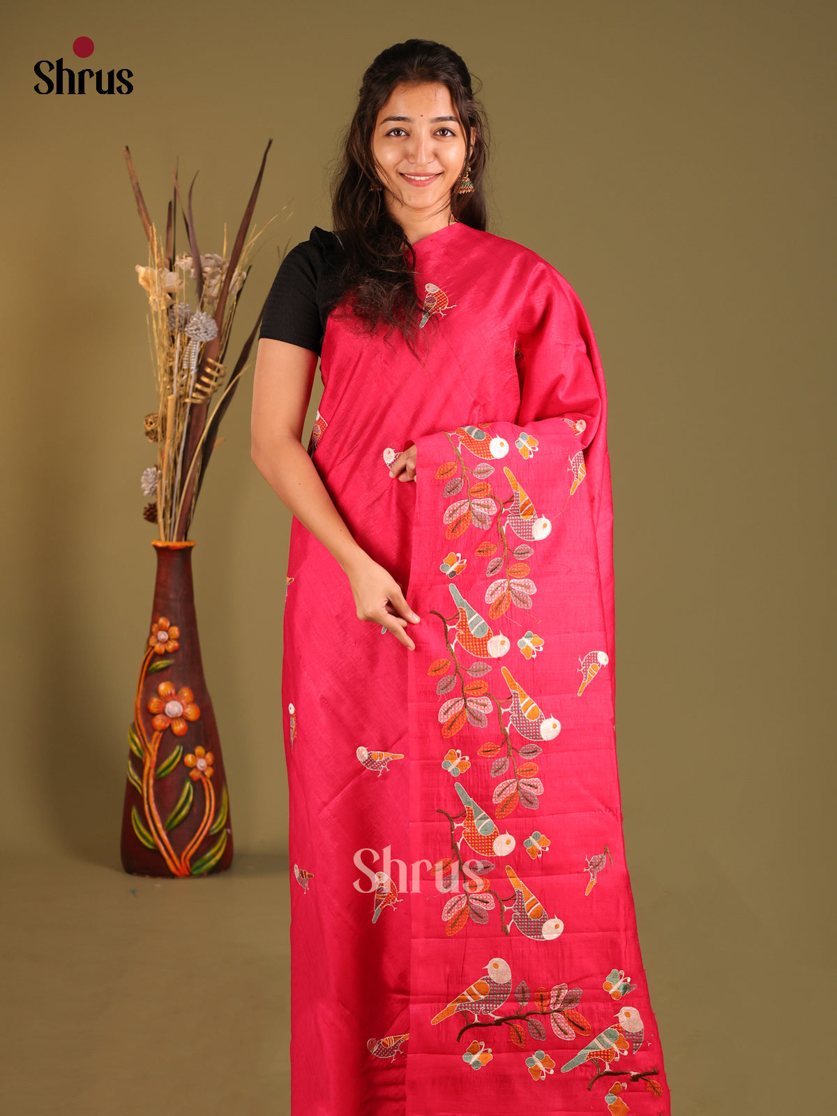 Pink- Semi Rawsilk Saree - Shop on Shrus.com