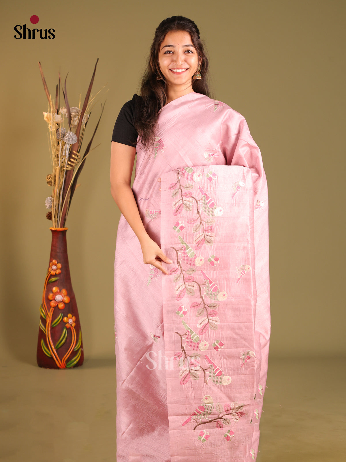 Pink - Semi Rawsilk Saree - Shop on Shrus.com