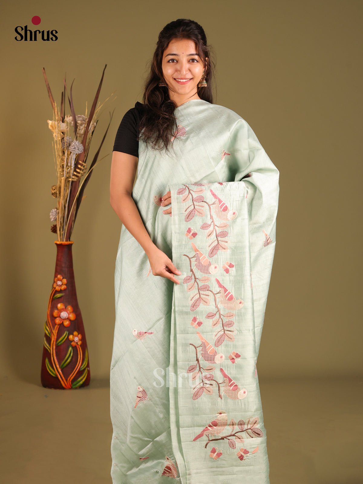 Mint Green - Semi Rawsilk Saree - Shop on Shrus.com