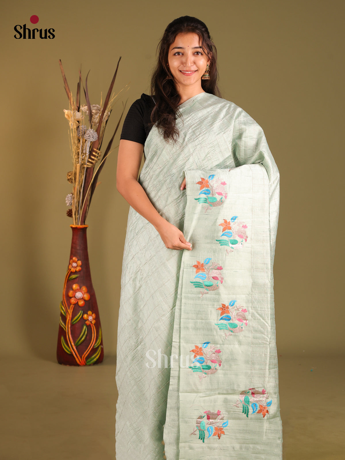 Mint Green - Semi Rawsilk Saree - Shop on Shrus.com