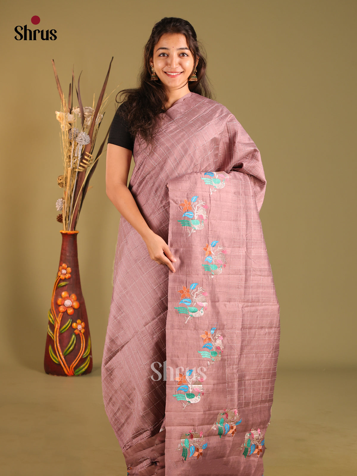 Dusty brown - Semi Rawsilk Saree - Shop on Shrus.com