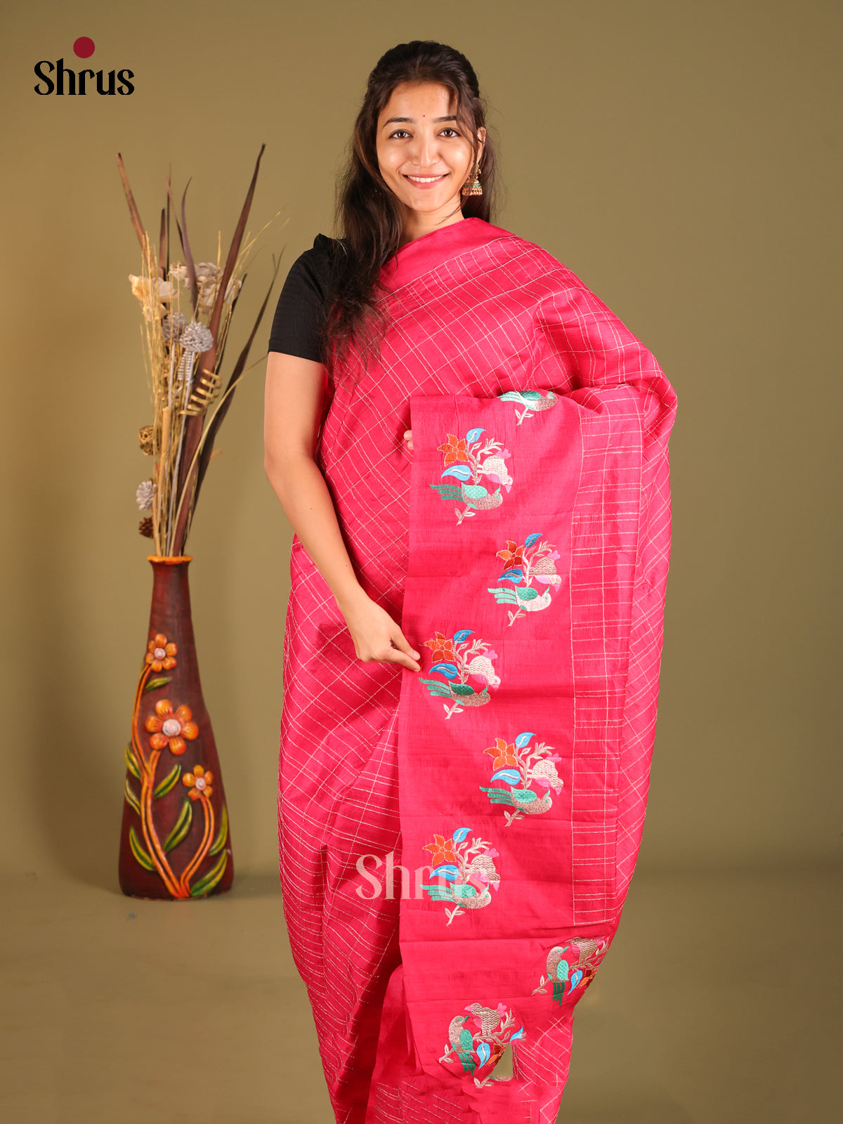 Pink - Semi Rawsilk Saree - Shop on Shrus.com