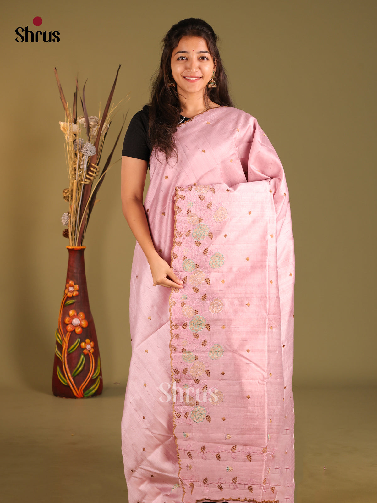 Pink - Semi Rawsilk Saree