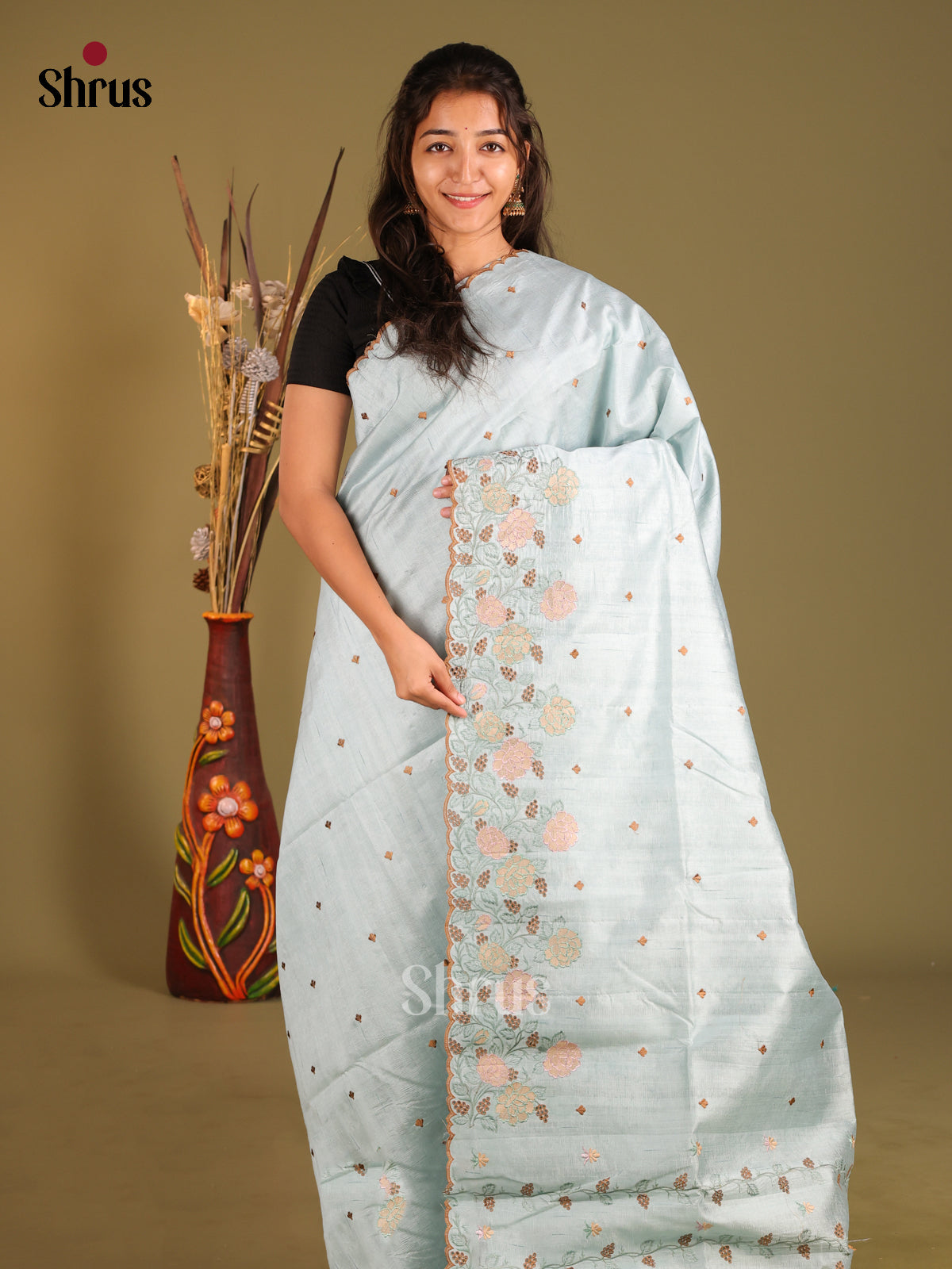 Light Blue - Semi Rawsilk Saree - Shop on Shrus.com