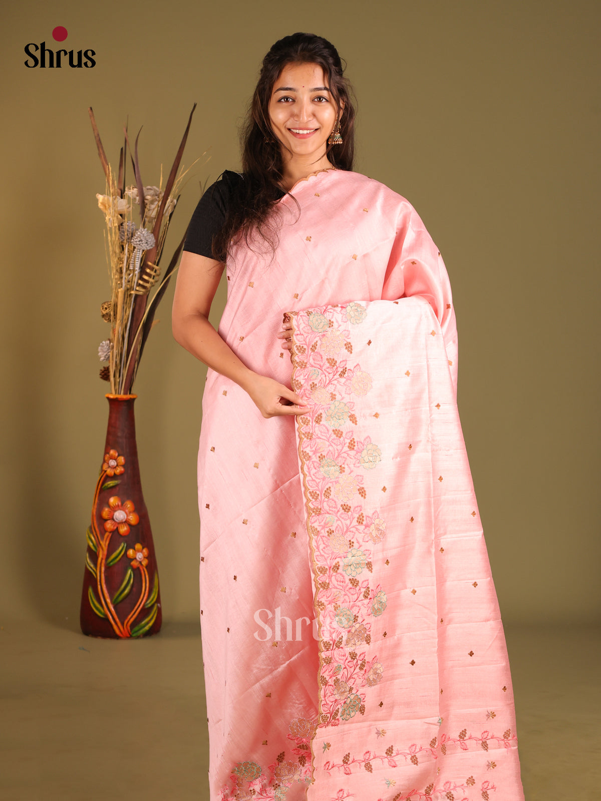 Pink - Semi Rawsilk Saree