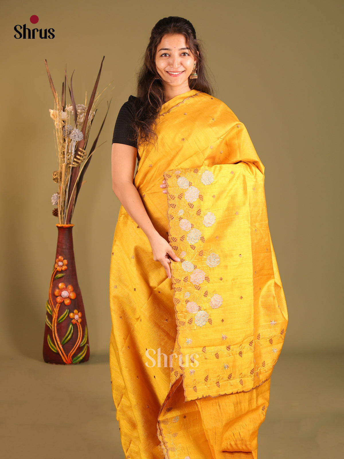 Yellow - Semi Rawsilk Saree - Shop on Shrus.com