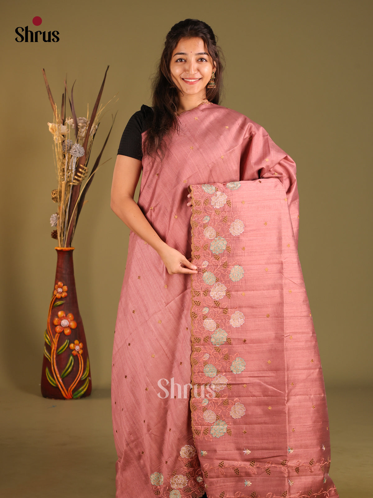 Dusty Brown - Semi Rawsilk Saree - Shop on Shrus.com