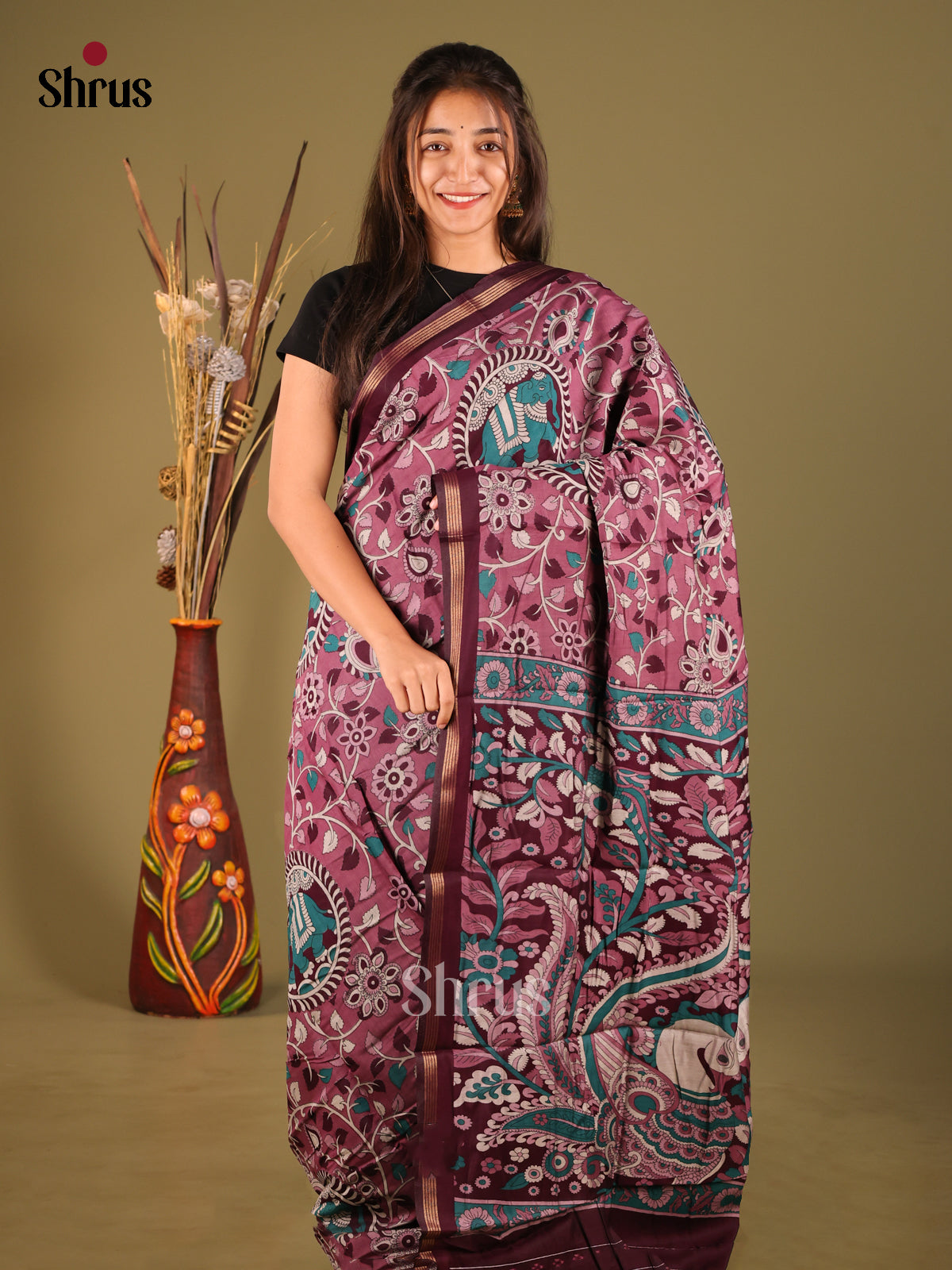 Onion Pink & Maroon- Art Modal Saree - Shop on Shrus.com