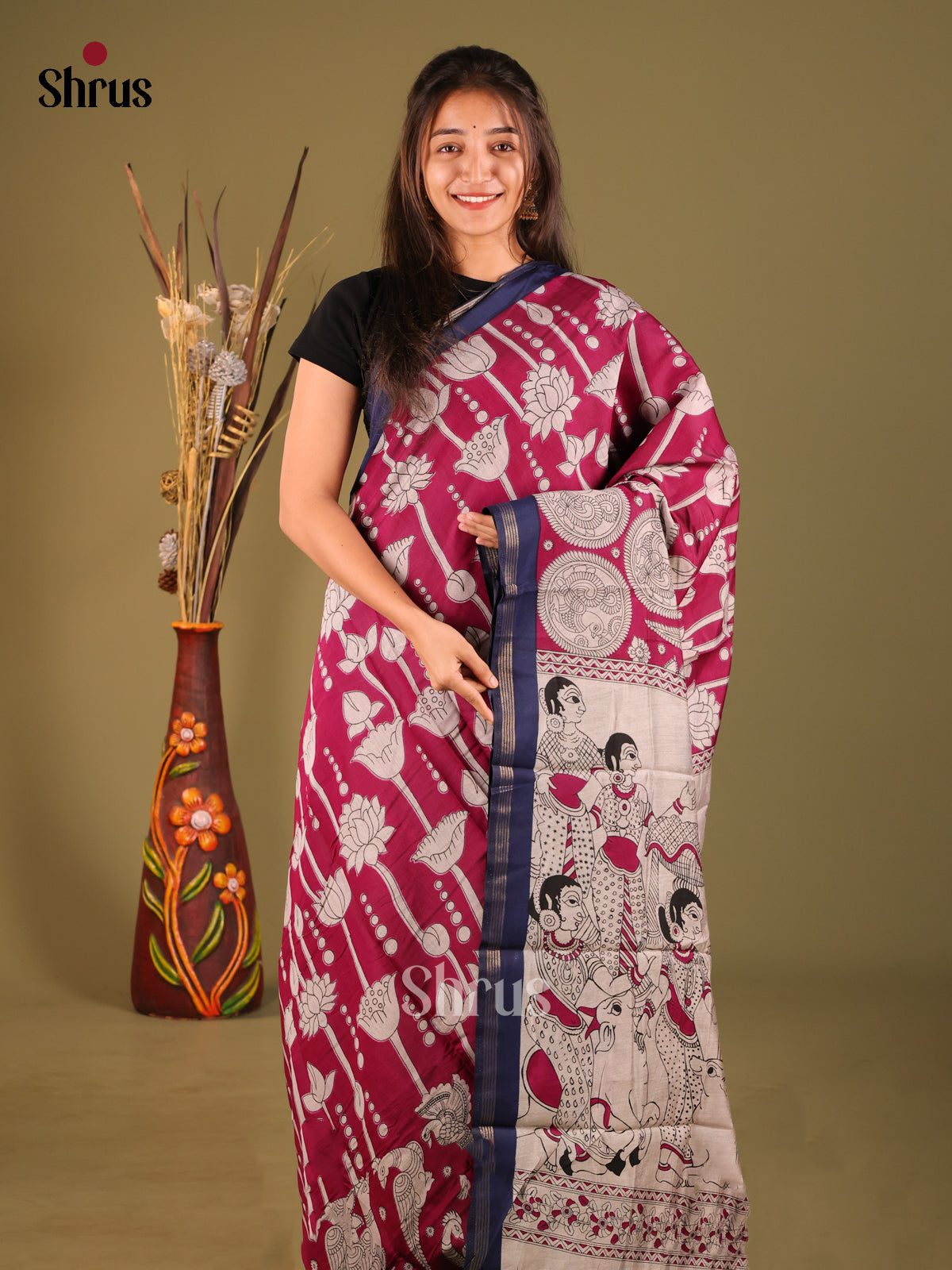 Maroon & Blue- Art Modal Saree - Shop on Shrus.com