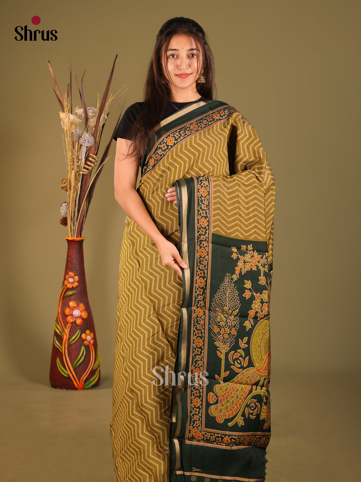Mehandi & Green- Art Modal Saree - Shop on Shrus.com
