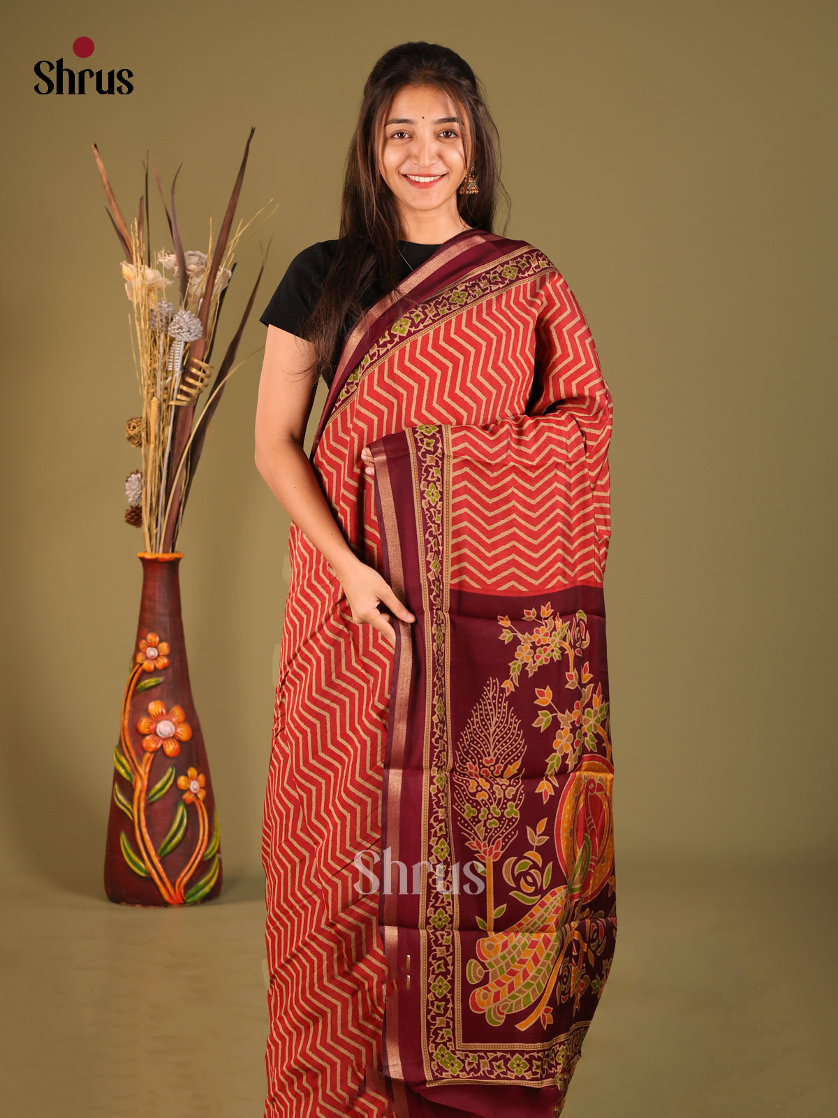 Red & Maroon - Art Modal Saree - Shop on Shrus.com
