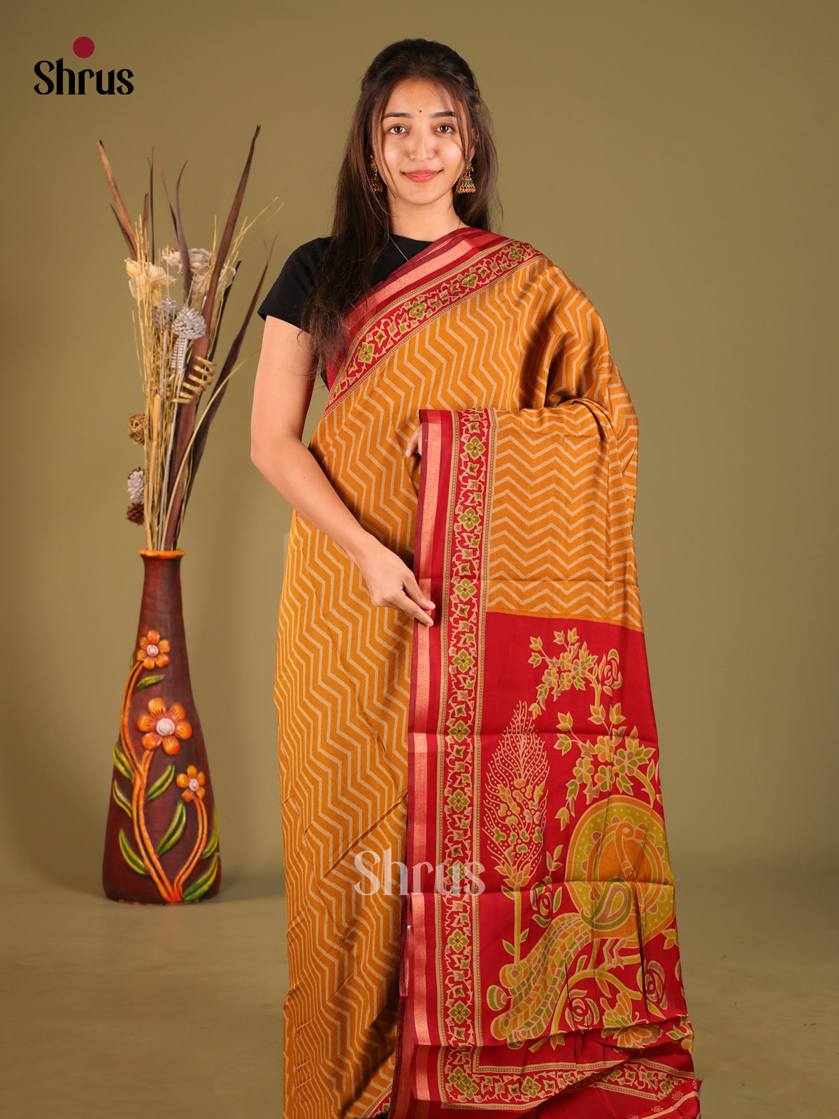 Mustard & Red - Art Modal Saree - Shop on Shrus.com