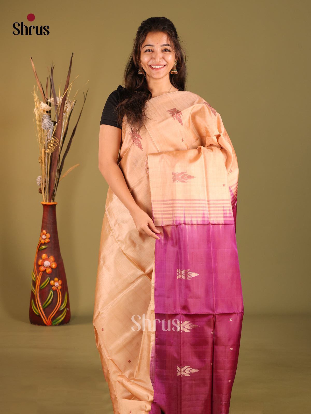 Cream & Purple- Banana Pith without blouse Saree - Shop on Shrus.com