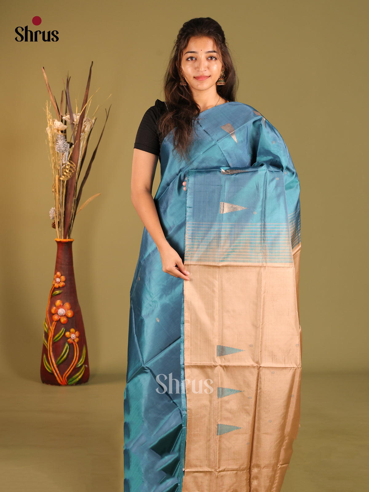 Blue & Cream - Banana Pith without blouse Saree