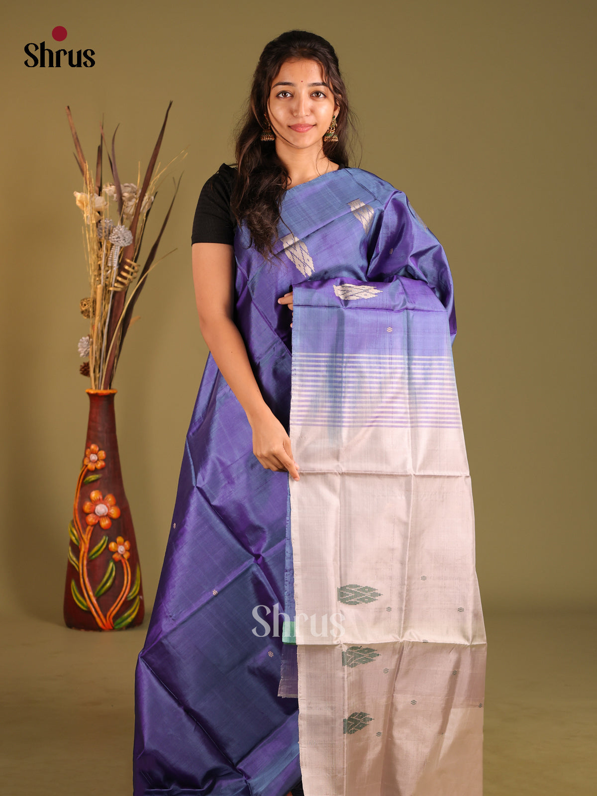 Blue & Grey - Banana Pith without blouse Saree