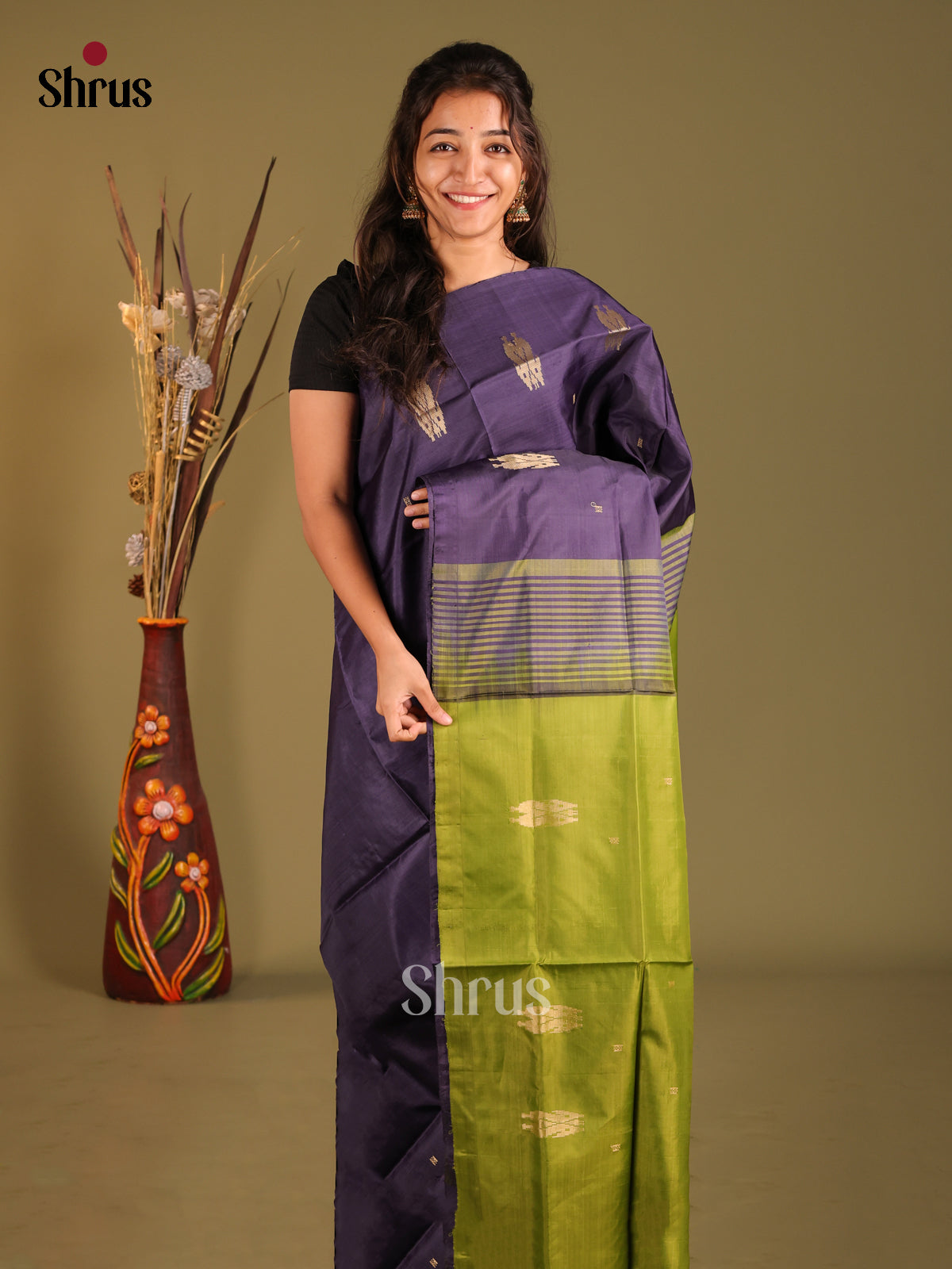 Blue & Green - Banana Pith without blouse Saree
