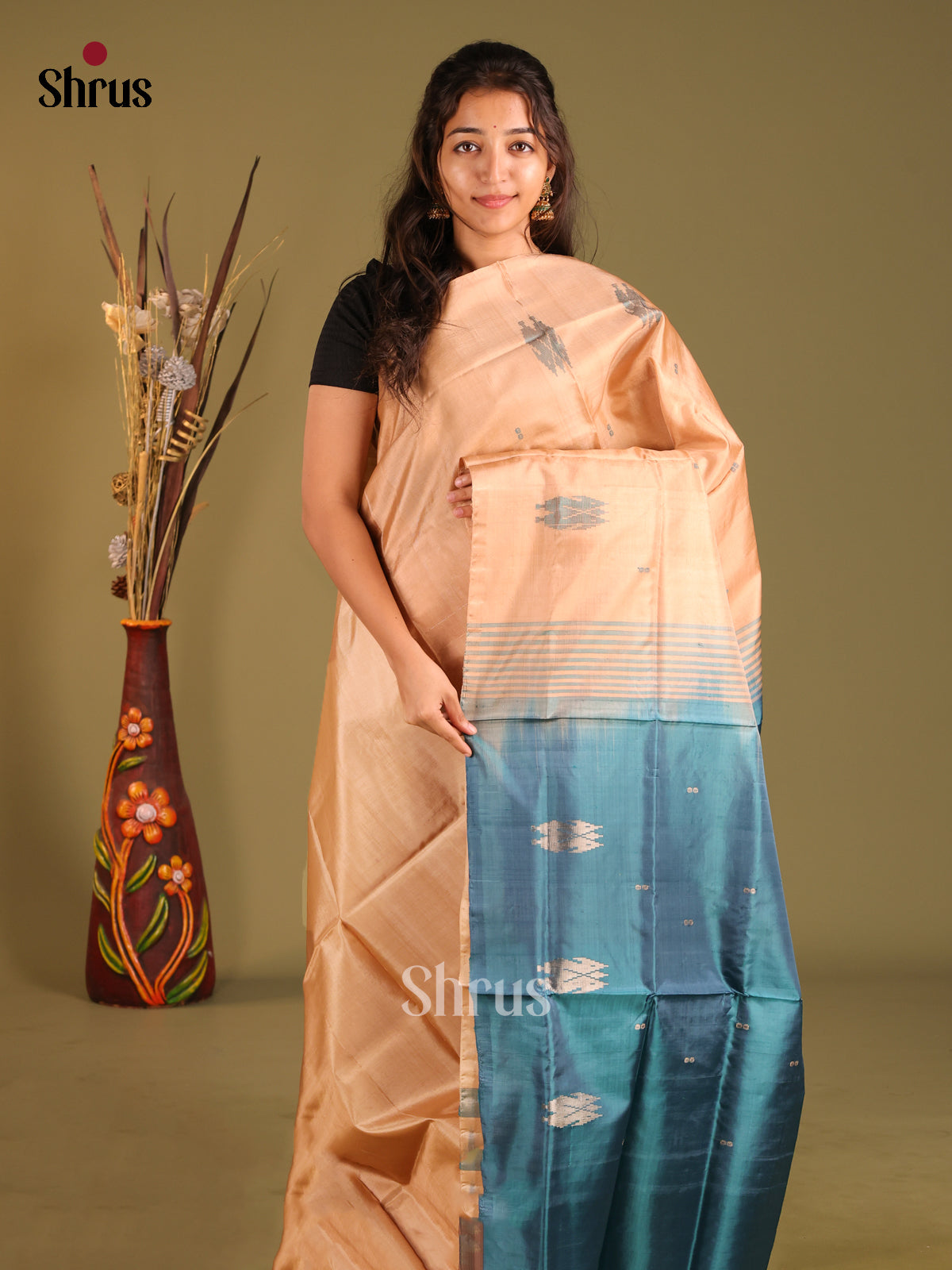 Sandal & Blue - Banana Pith without blouse Saree - Shop on Shrus.com