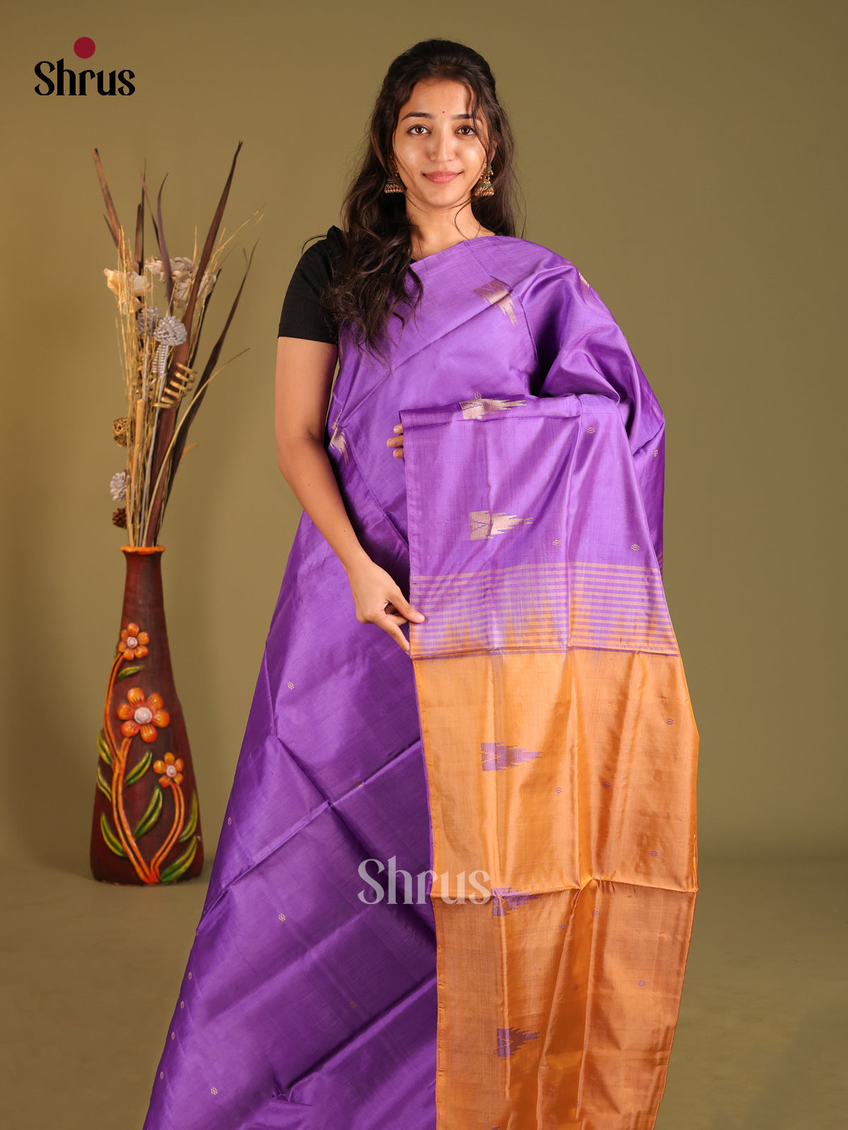 Purple & Light Brown - Banana Pith without blouse Saree - Shop on Shrus.com