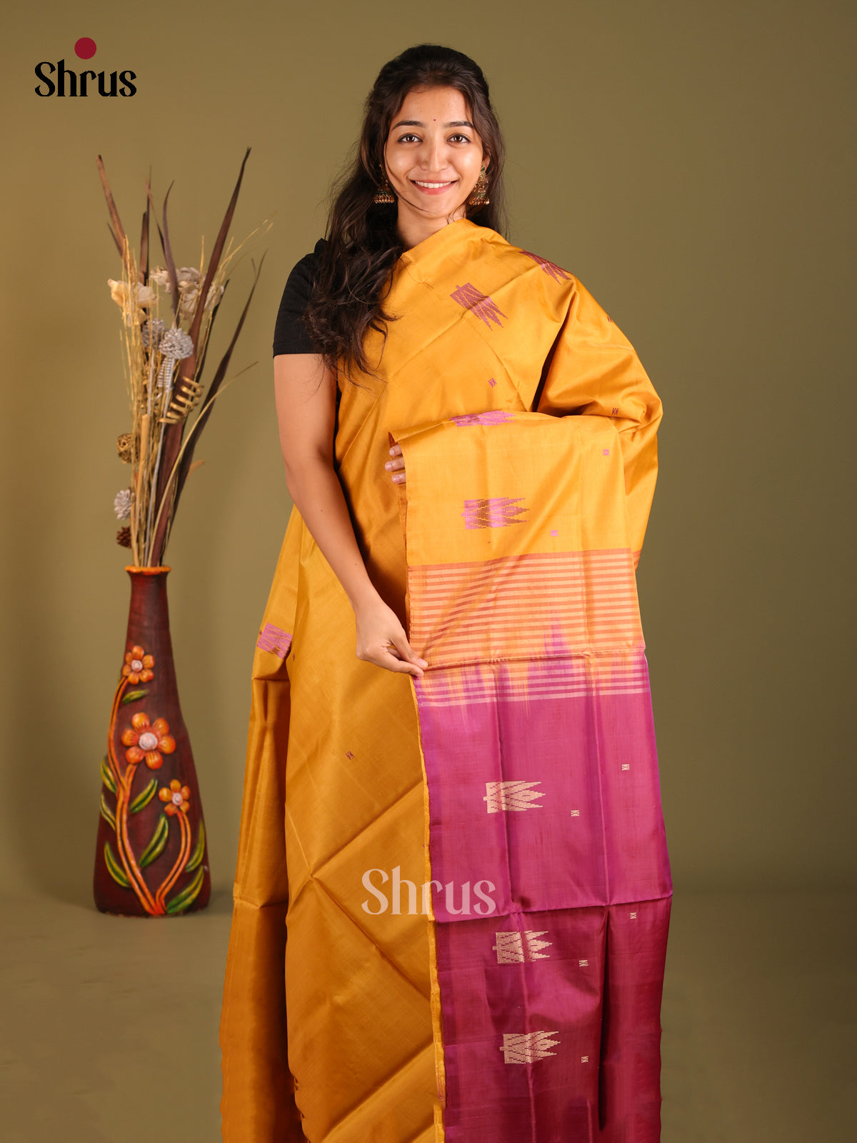 Mustard & Maroon - Banana Pith without blouse Saree - Shop on Shrus.com