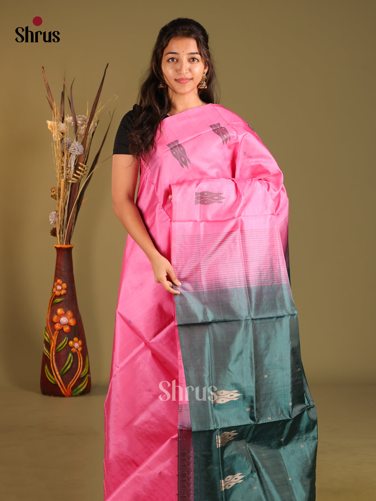 Pink & Green - Banana Pith without blouse Saree - Shop on Shrus.com