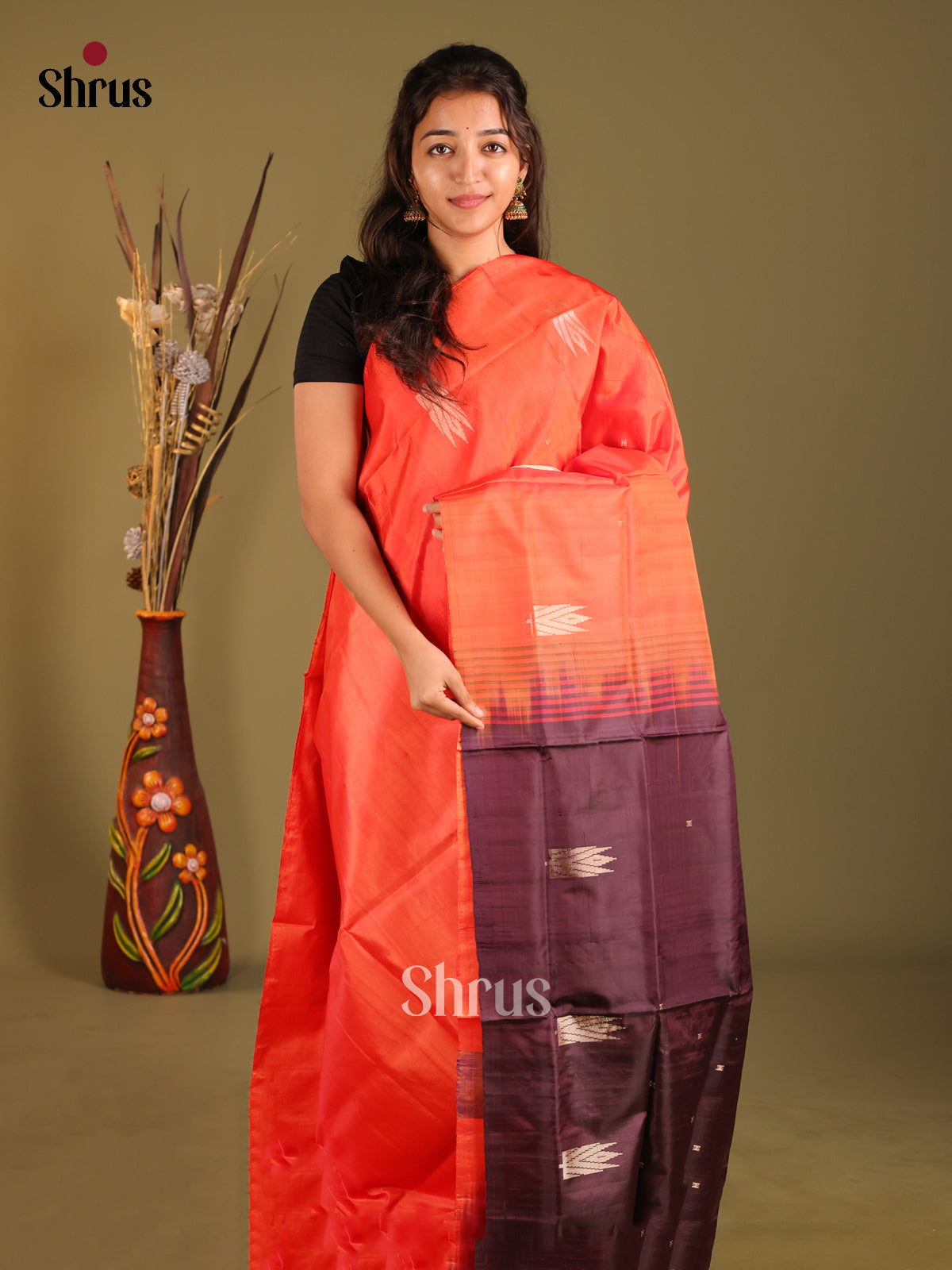 Orange & Brown  - Banana Pith without blouse Saree - Shop on Shrus.com