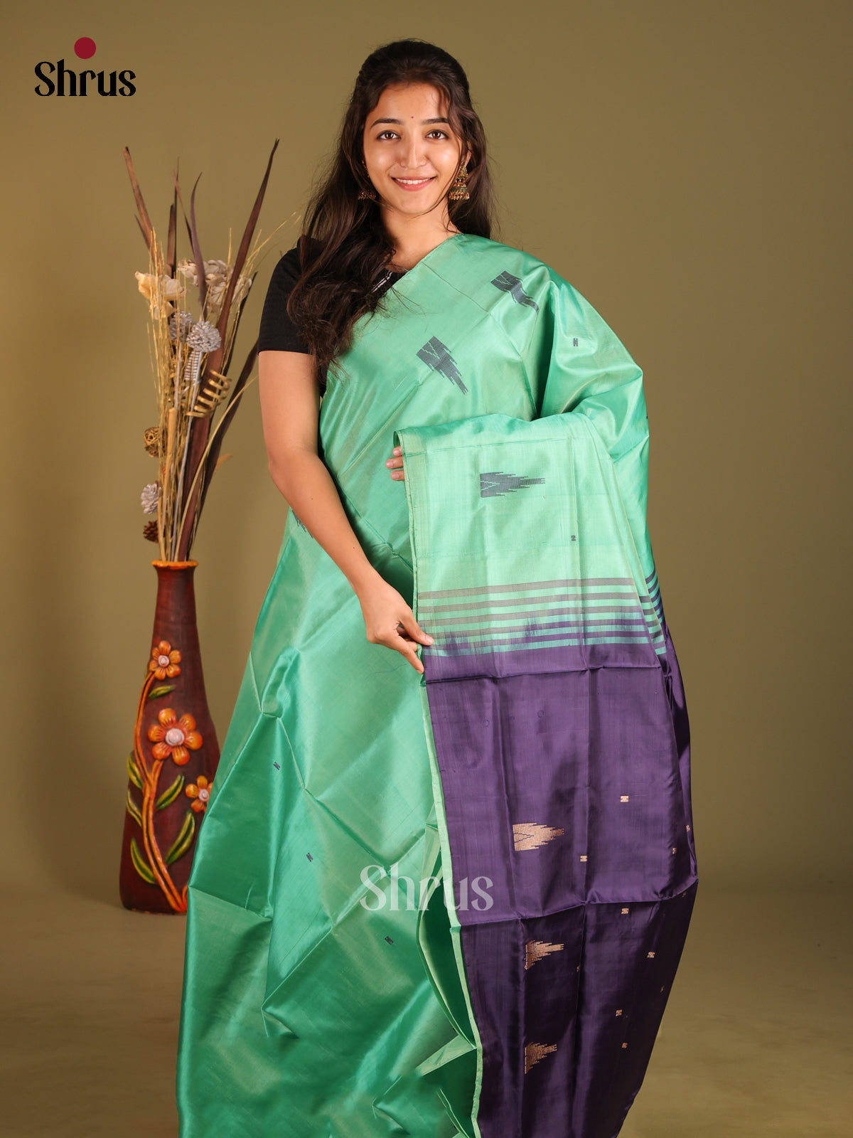 Teal Green & Blue - Banana Pith without blouse Saree - Shop on Shrus.com