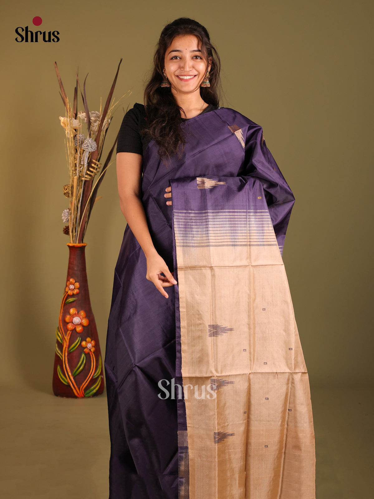 Blue &  Cream - Banana Pith without blouse Saree