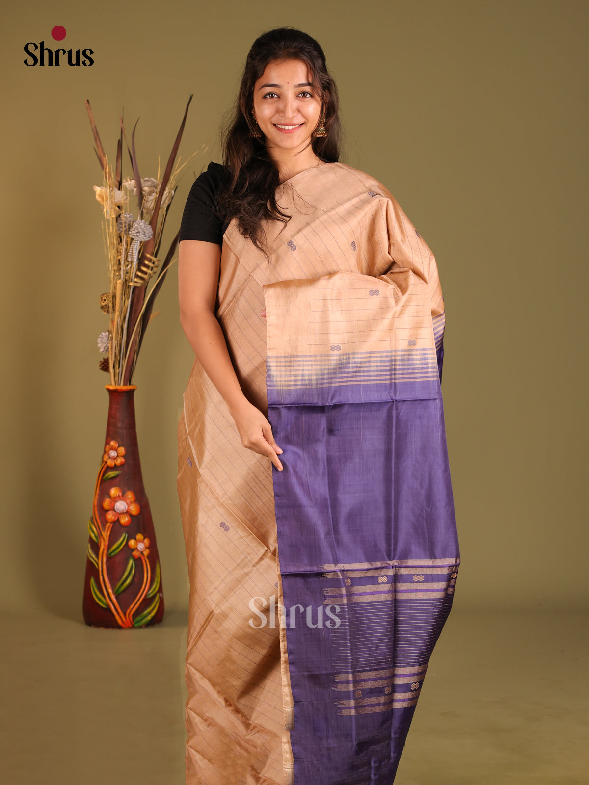 Dusty Brown & Blue - Banana Pith without blouse Saree - Shop on Shrus.com