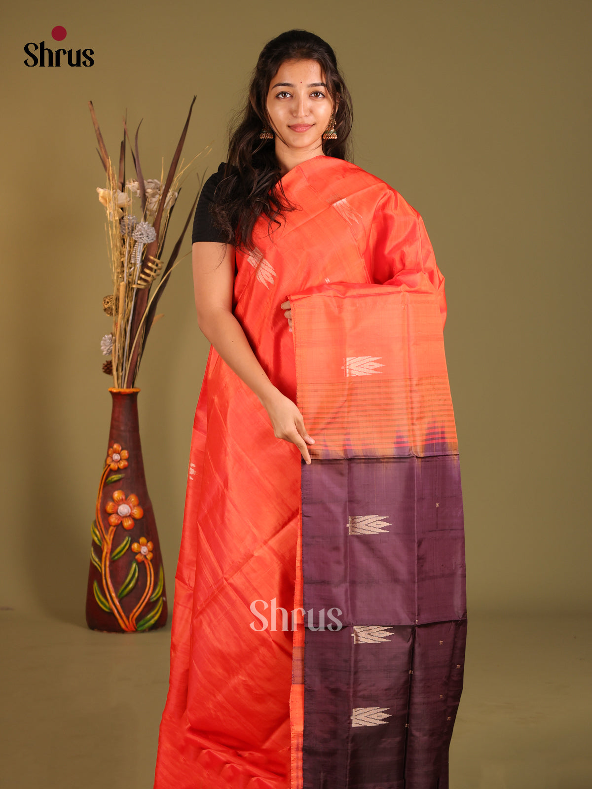 Orange & Maroon - Banana Pith without blouse Saree - Shop on Shrus.com