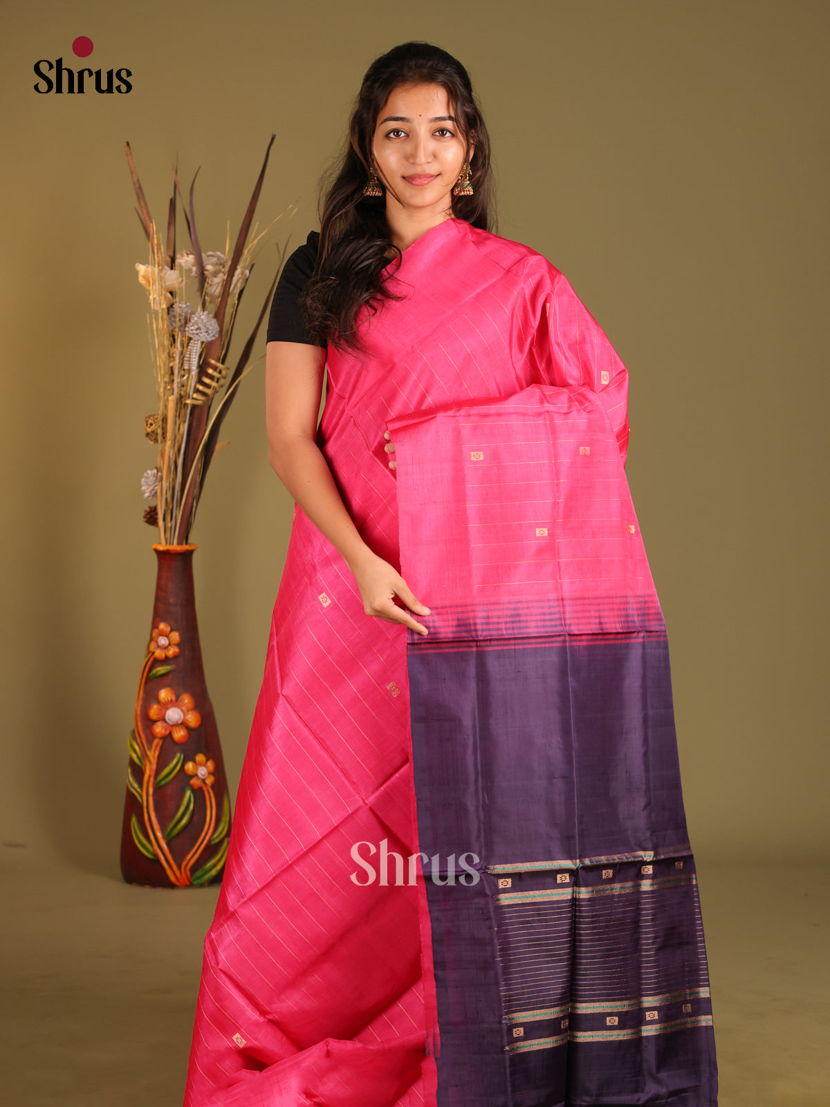 Pink & Blue- Banana Pith without blouse Saree - Shop on Shrus.com