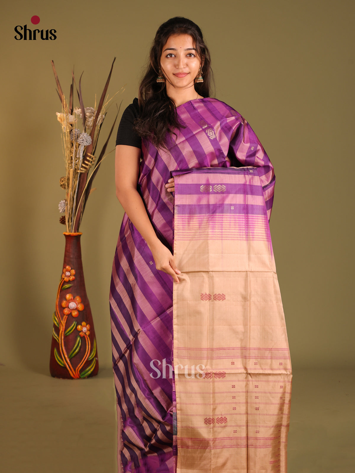 Violet & Purple- Banana Pith without blouse Saree - Shop on Shrus.com