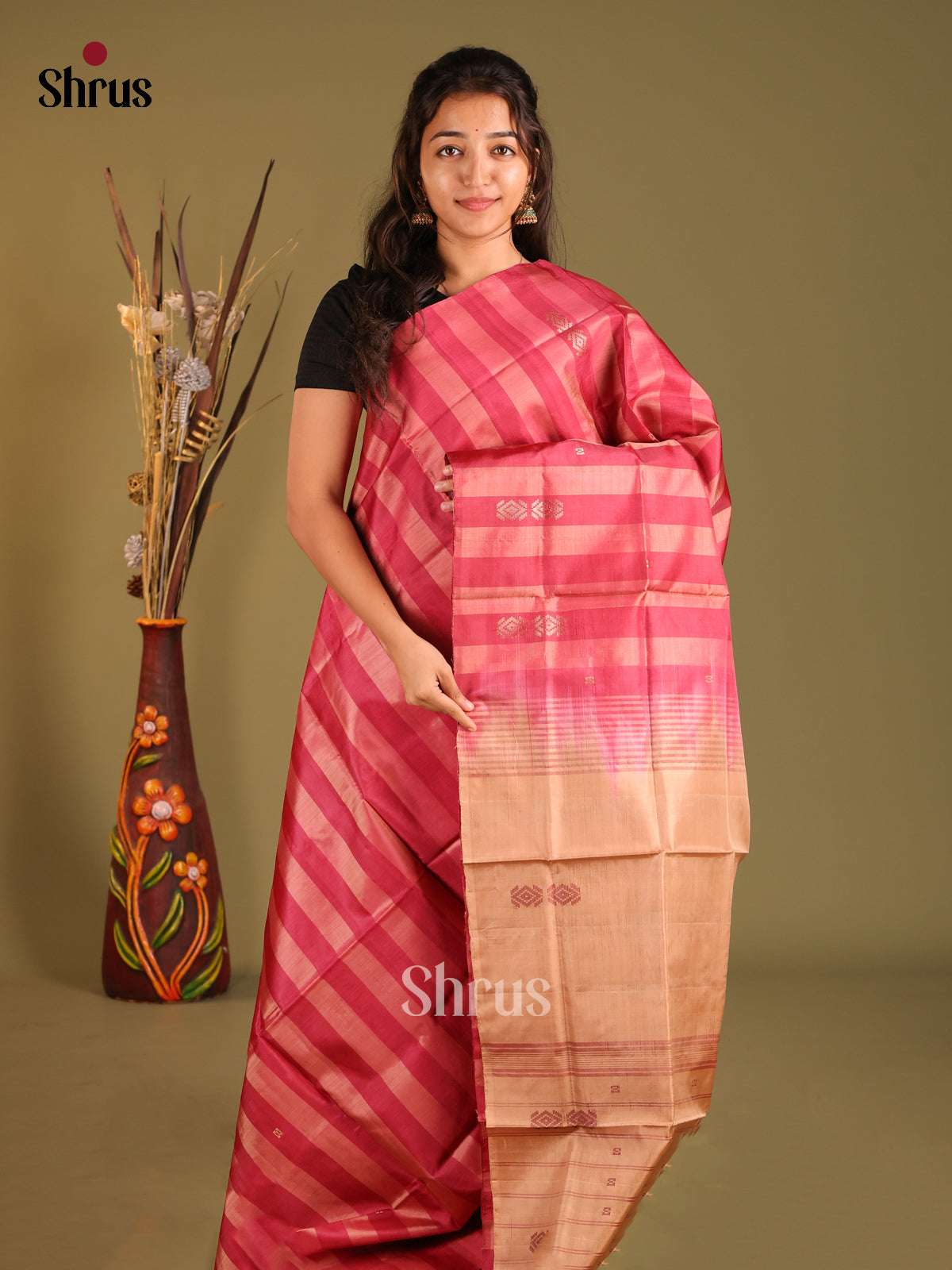 Maroon & Pink  - Banana Pith without blouse Saree - Shop on Shrus.com