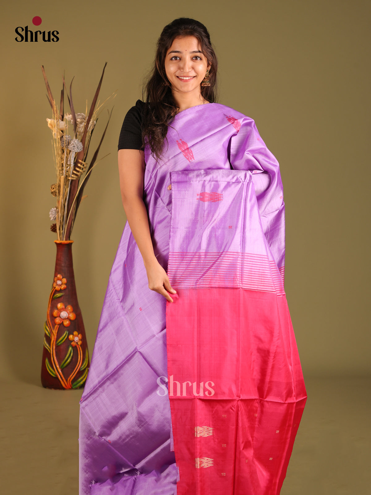 Lavender & Pink  - Banana Pith without blouse Saree - Shop on Shrus.com