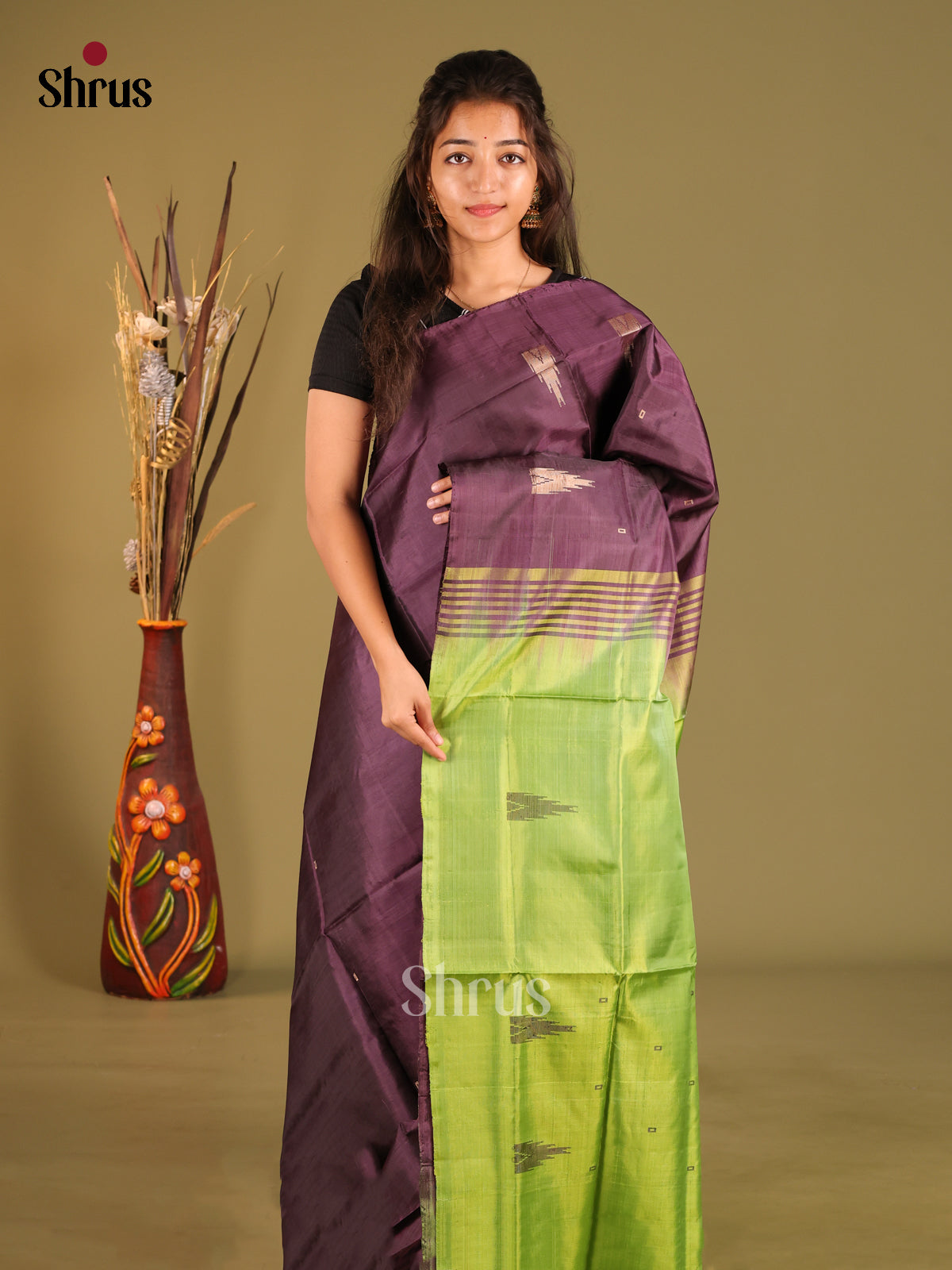 Jamun & green - Banana Pith without blouse Saree - Shop on Shrus.com