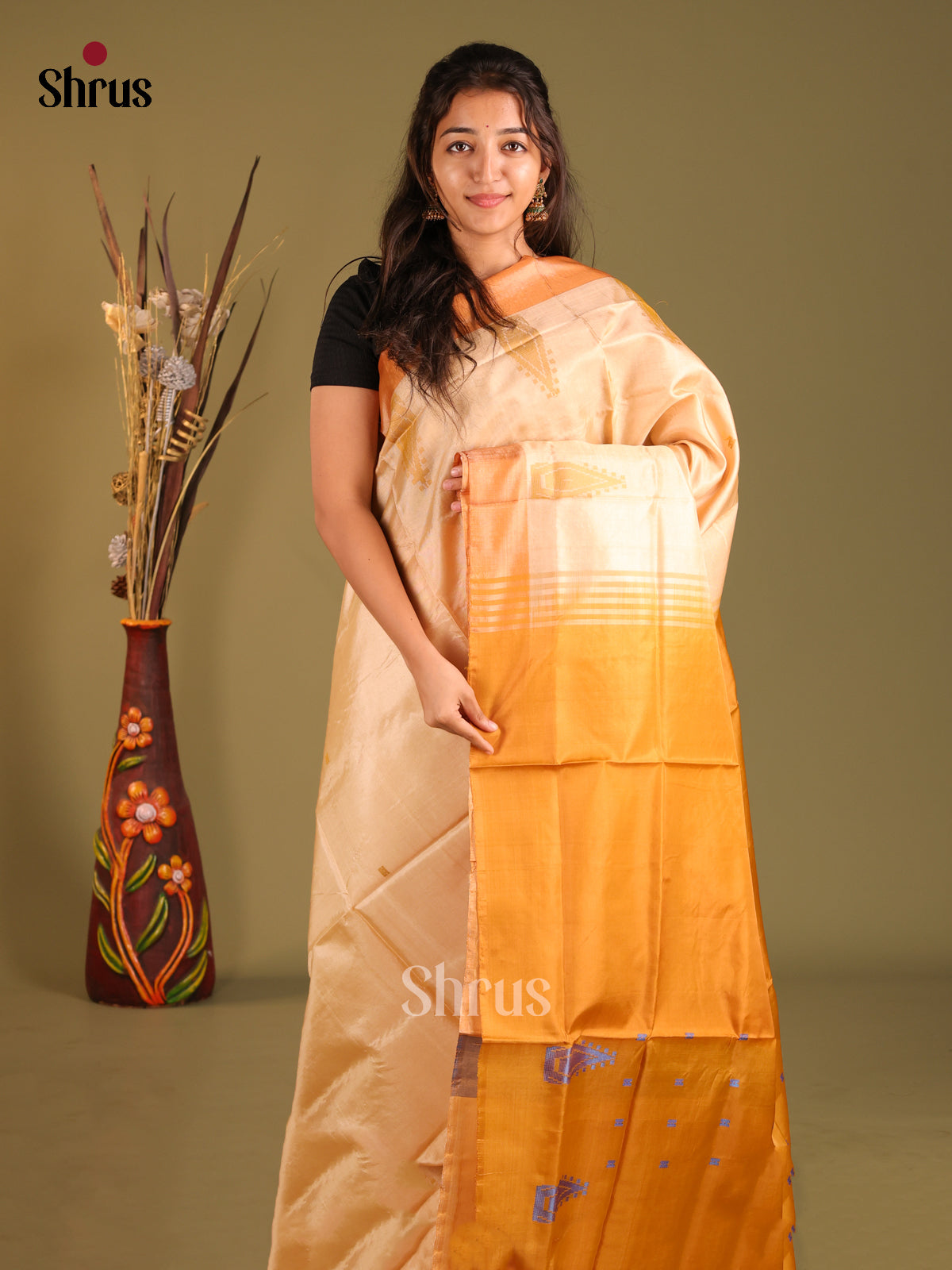 Cream & Mustard - Banana Pith without blouse Saree