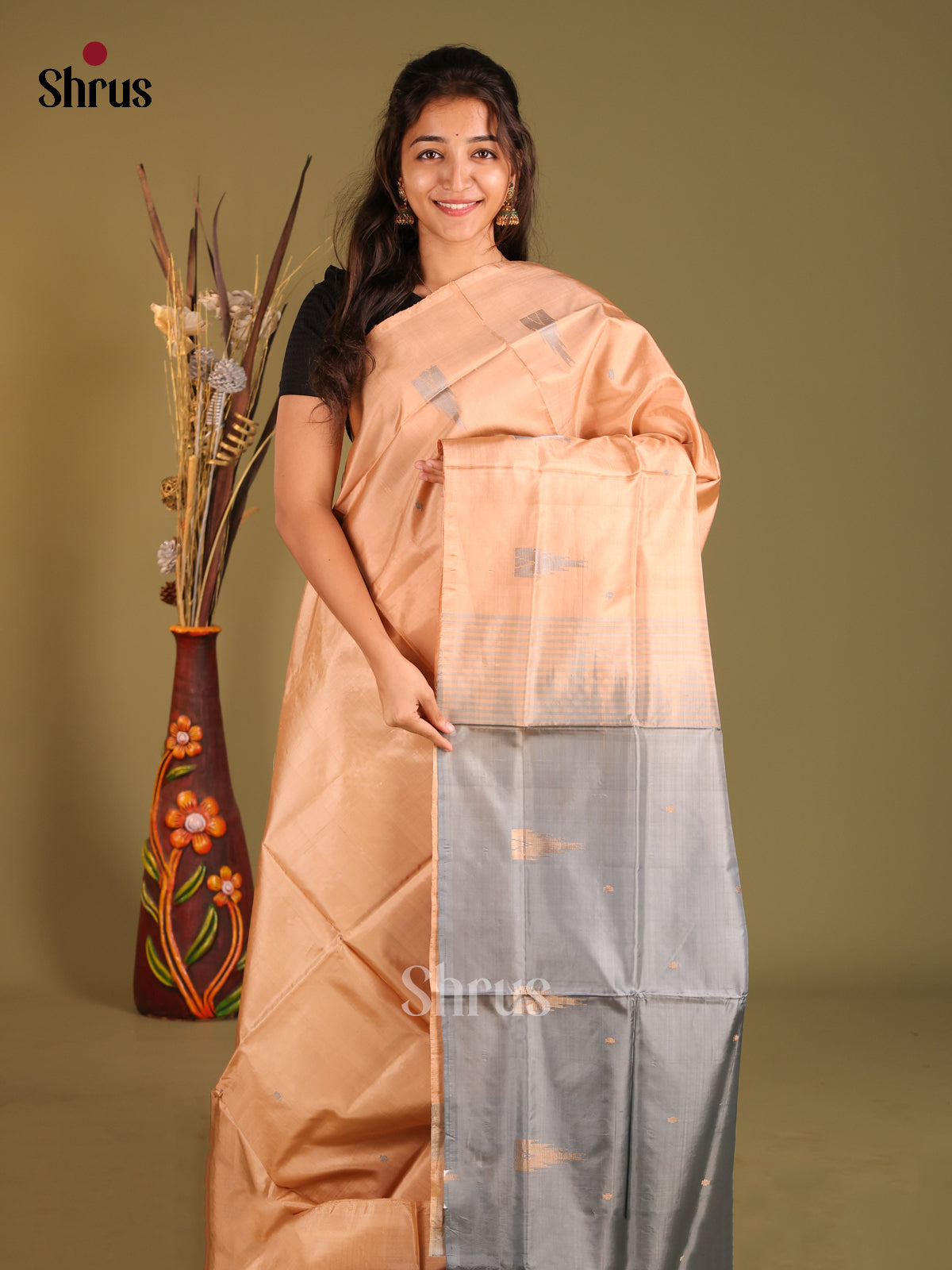 Peach & Grey - Banana Pith without blouse Saree - Shop on Shrus.com