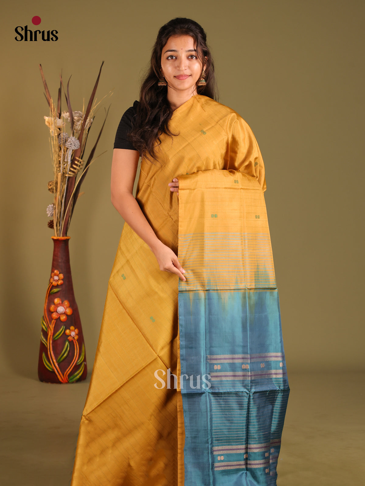 Mustard & Blue - Banana Pith without blouse Saree - Shop on Shrus.com