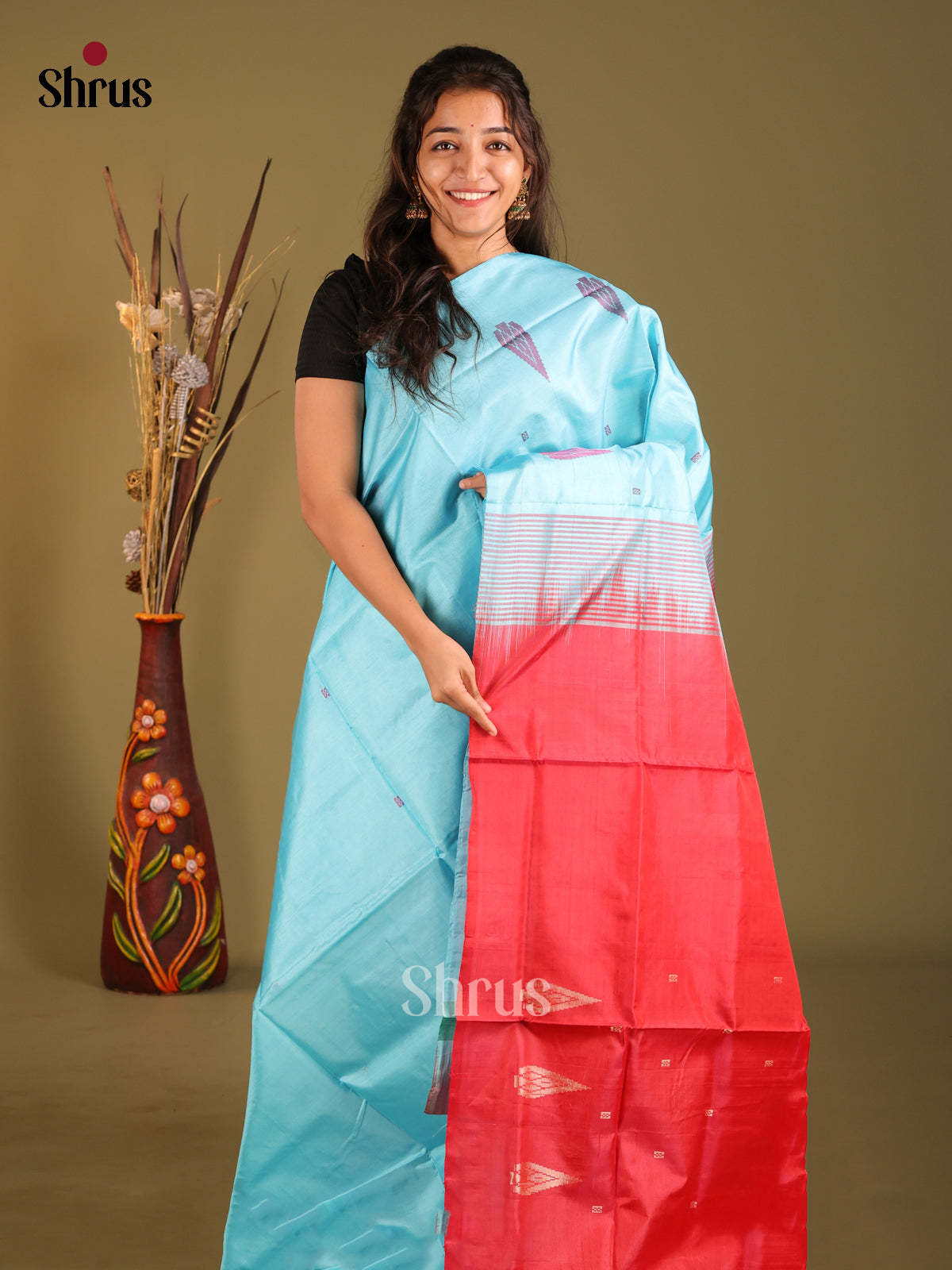 Pastel Blue & Red- Banana Pith without blouse Saree - Shop on Shrus.com