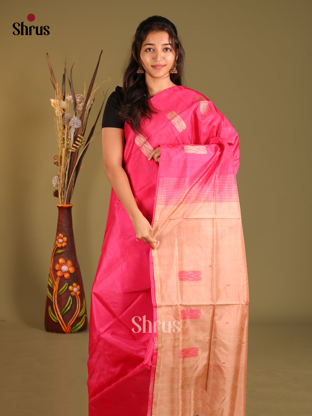 Pink & Light Brown - Banana Pith without blouse Saree - Shop on Shrus.com